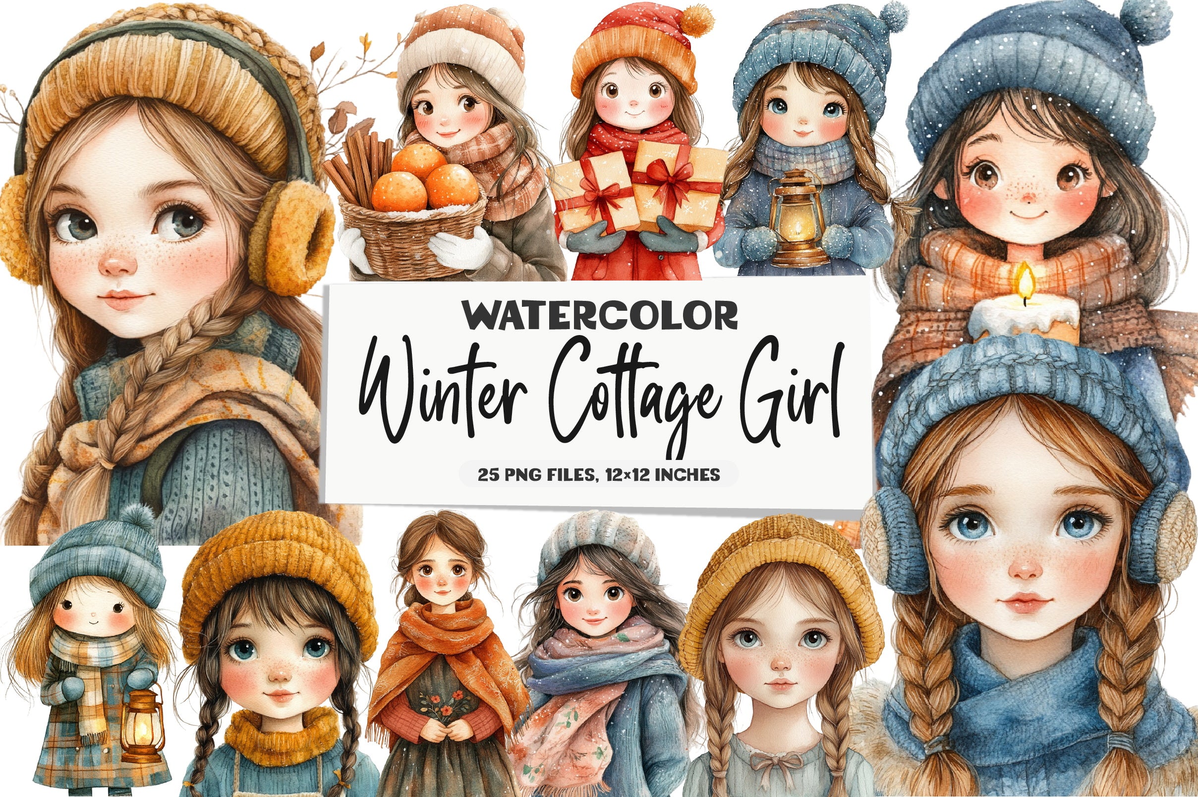 Winter Cottage Girl Clipart Bundle
