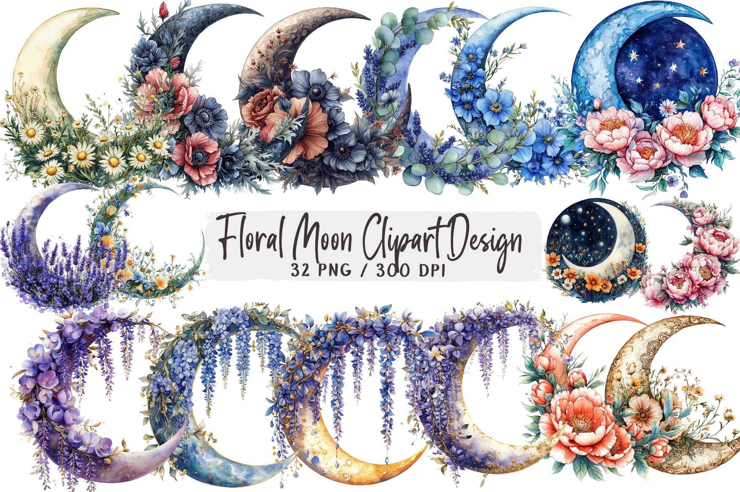 Floral Moon Design Clipart Bundle