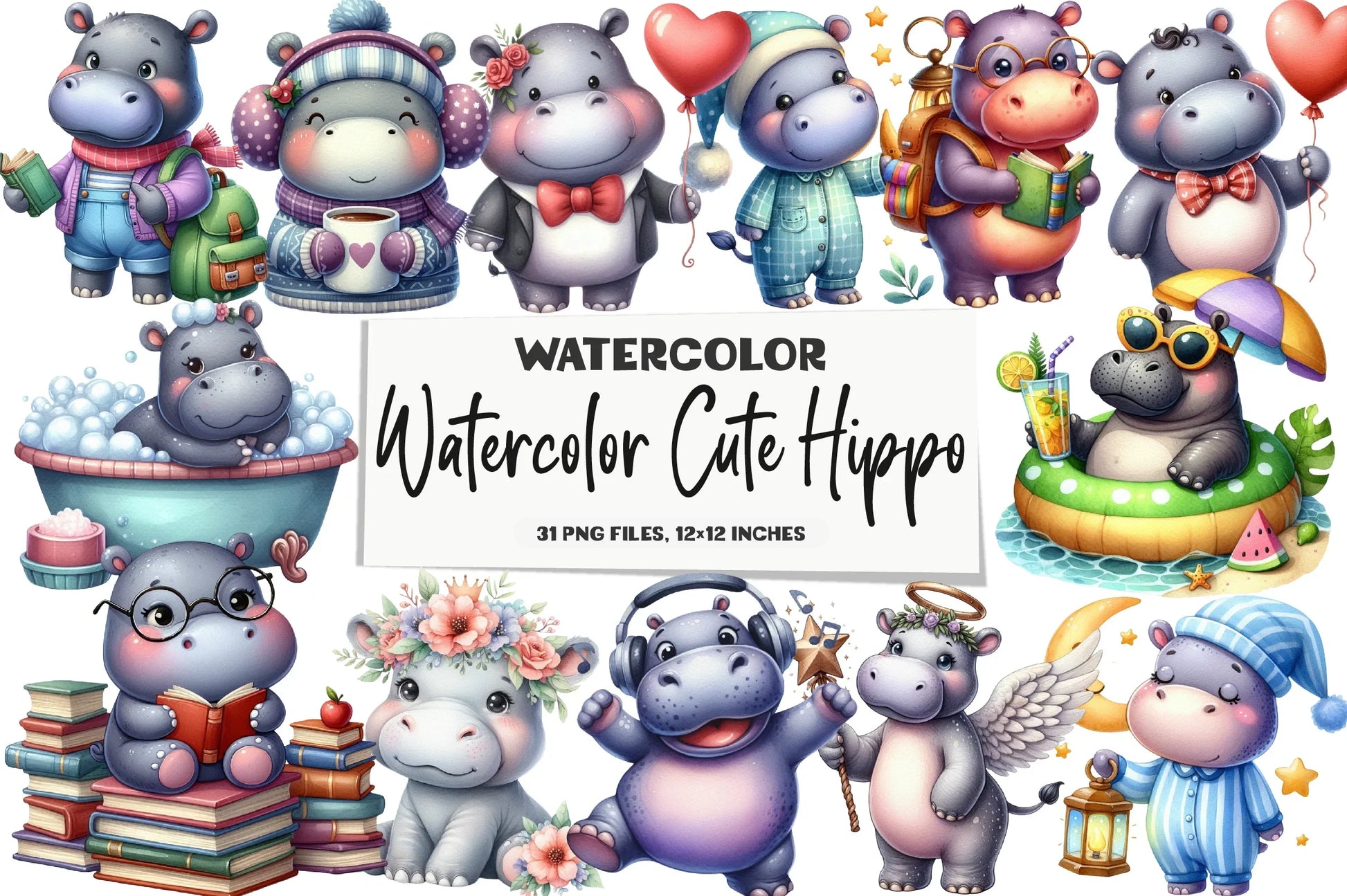 Cute Hippo Clipart Bundle - CraftNest - Digital Crafting and Art