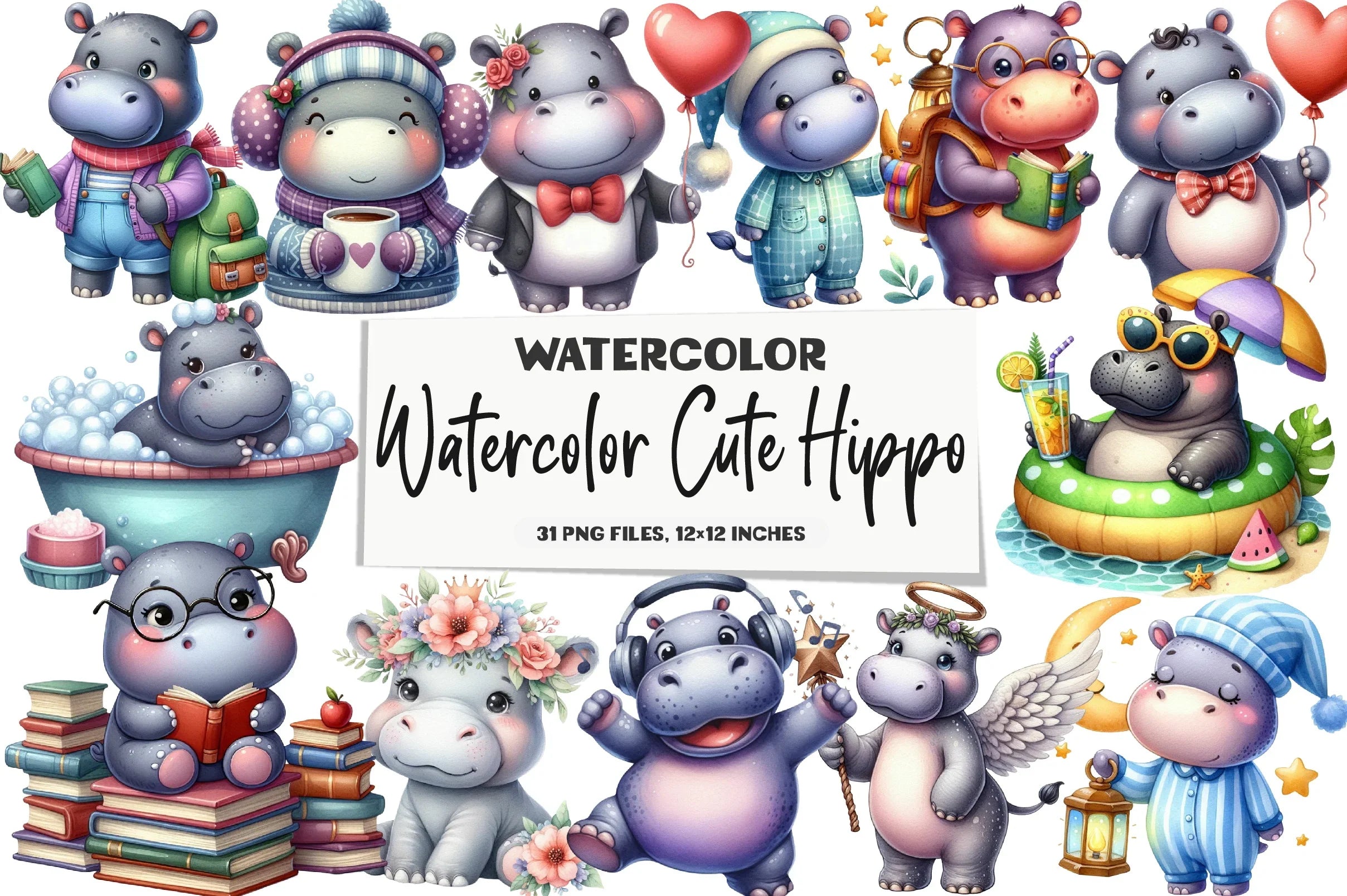 Cute Hippo Clipart Bundle - CraftNest - Digital Crafting and Art