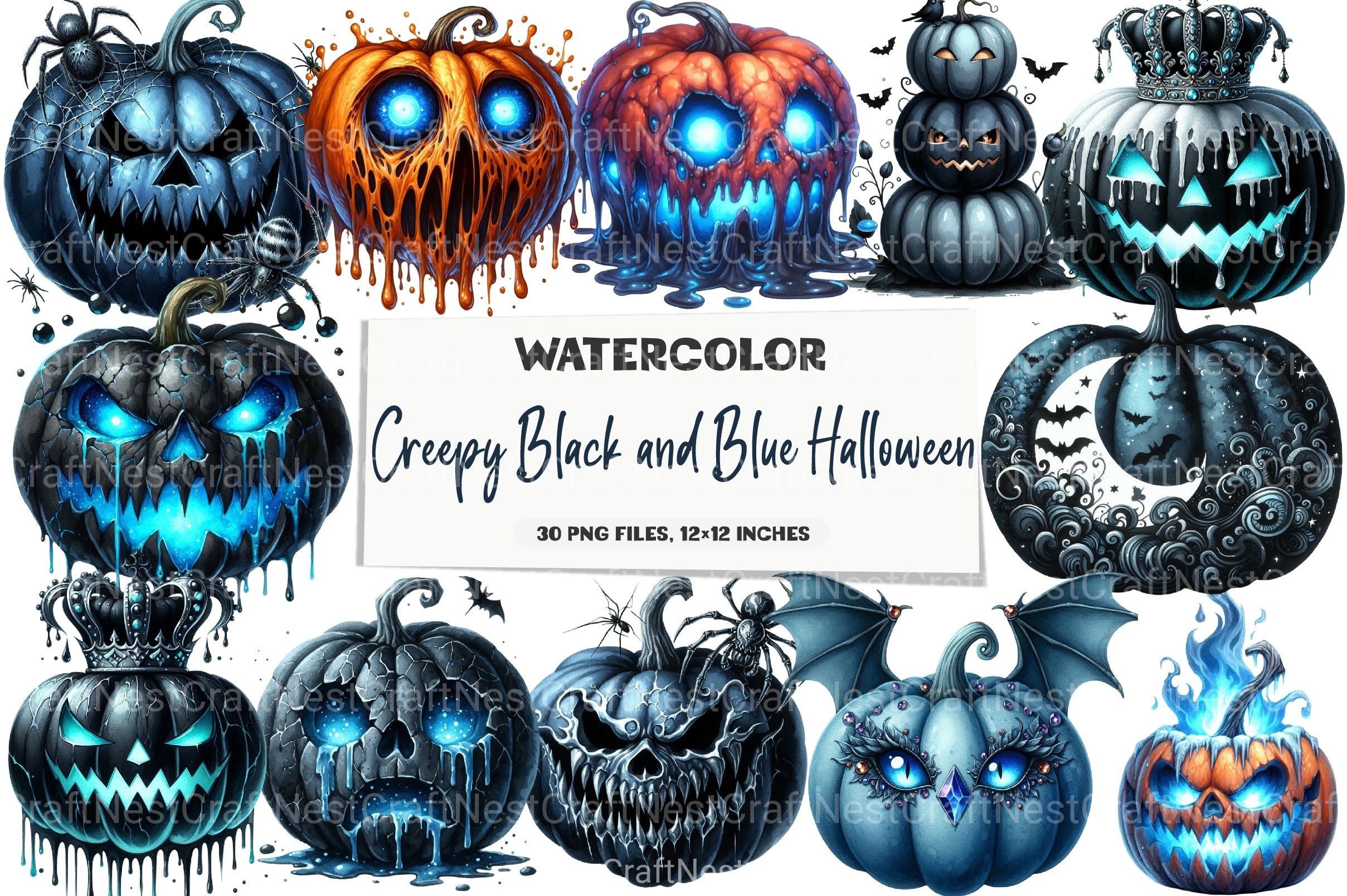 Creepy Black and Blue Halloween Pumpkin Clipart Bundle - CraftNest - Digital Crafting and Art