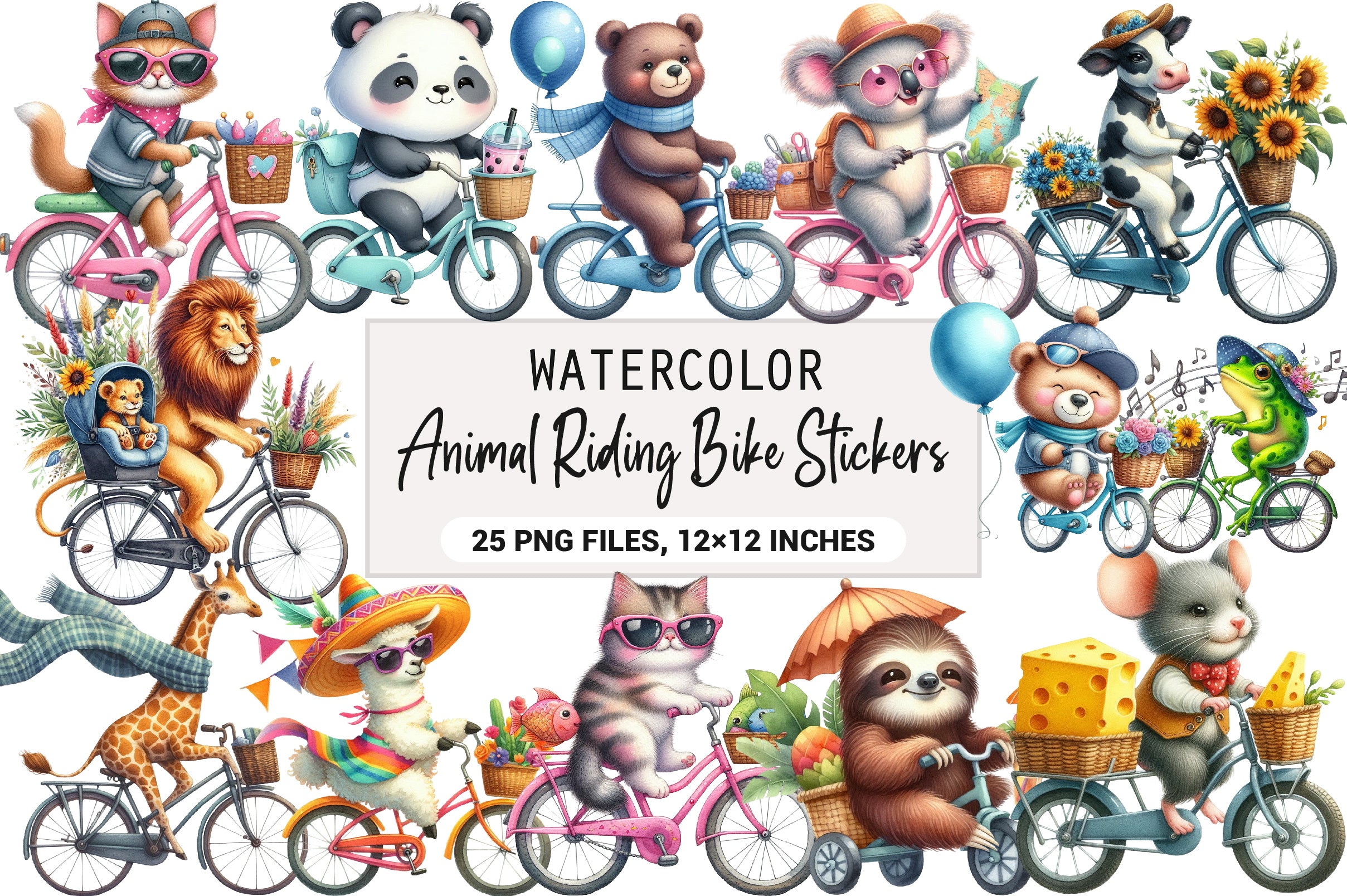 Animal Riding Bike Stickers Clipart Bundle