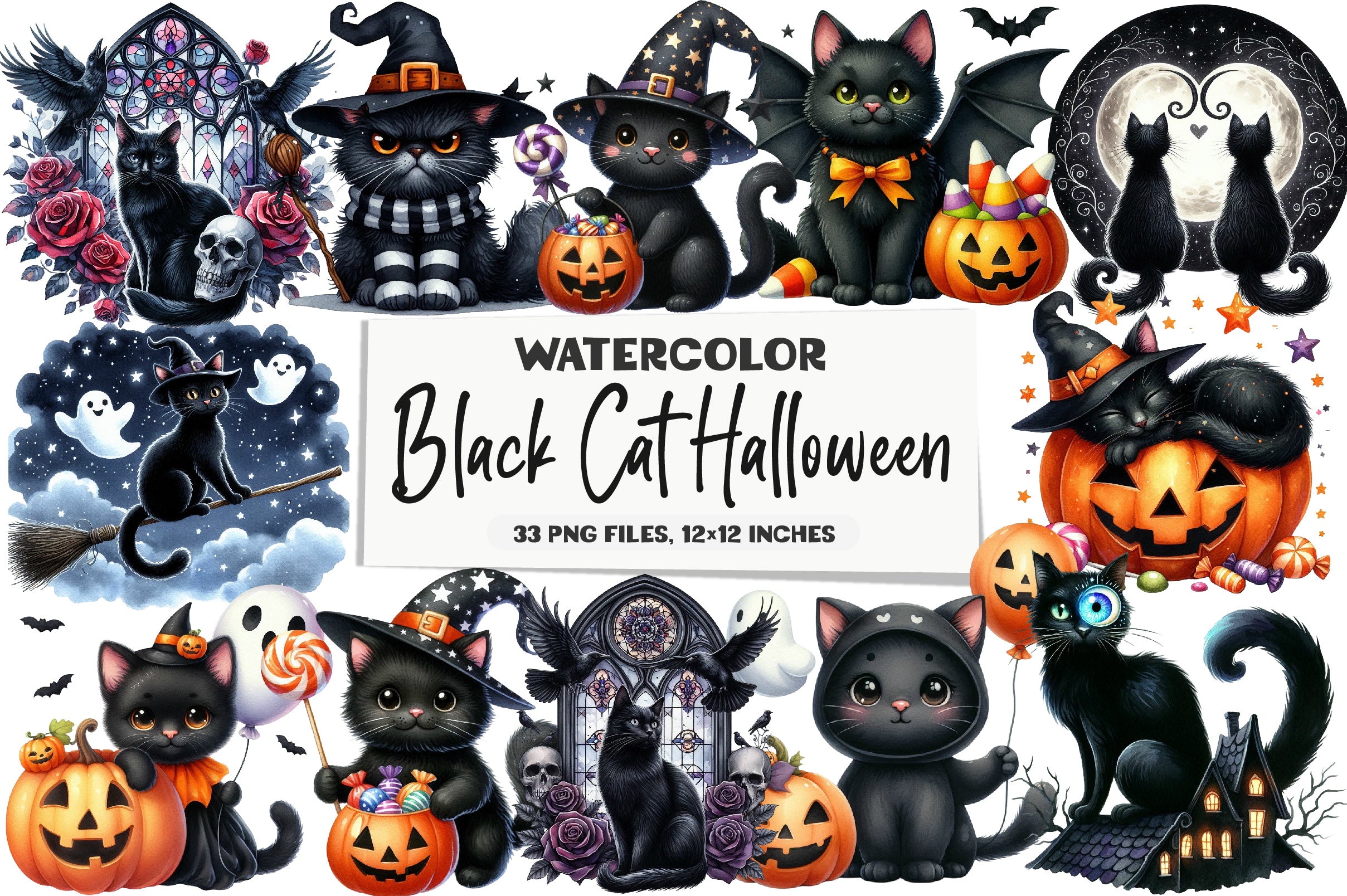 Black Cat Halloween Clipart Bundle