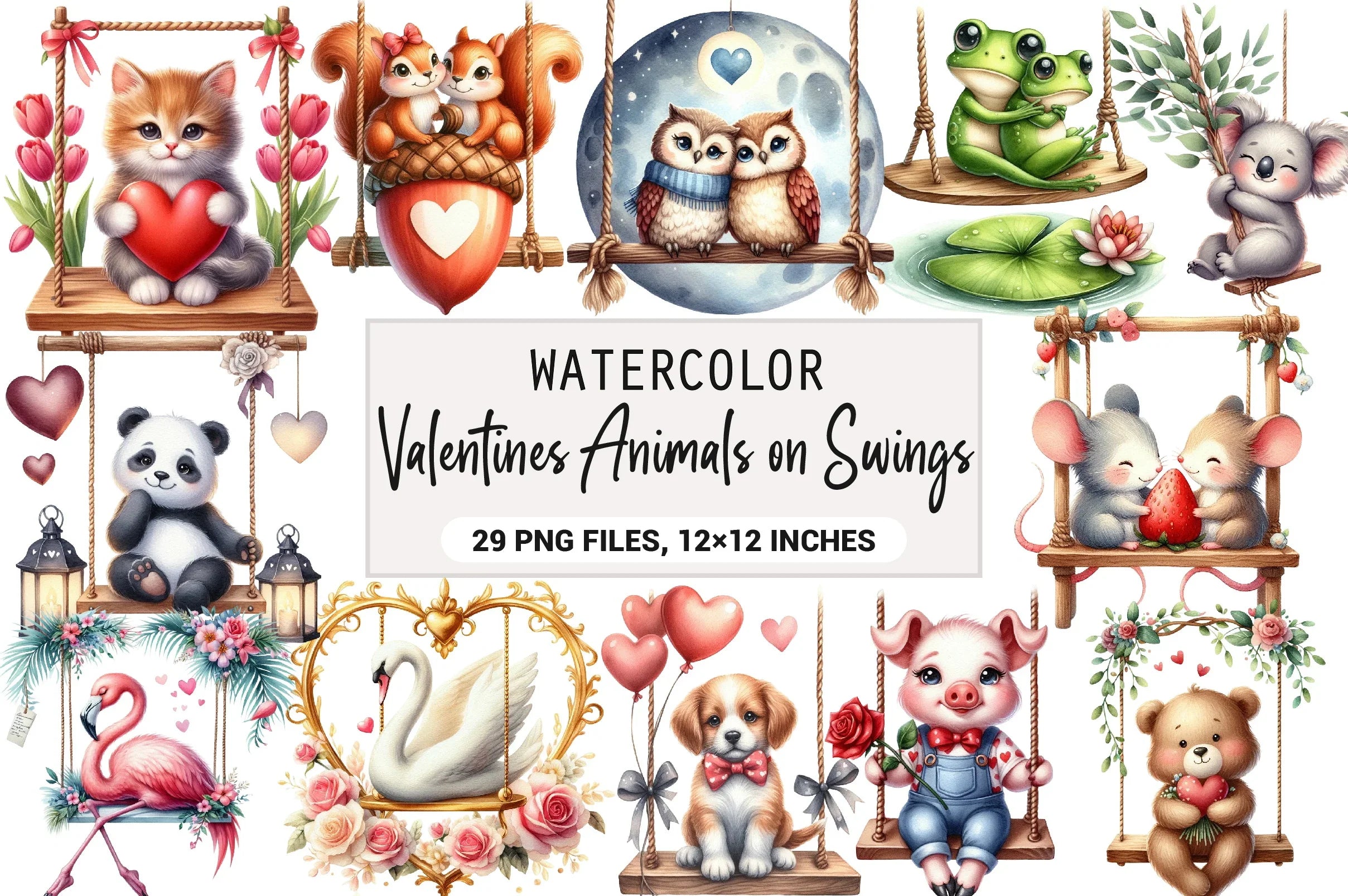 Valentine's Animals on Swings Clipart Bundle - CraftNest - Digital Crafting and Art