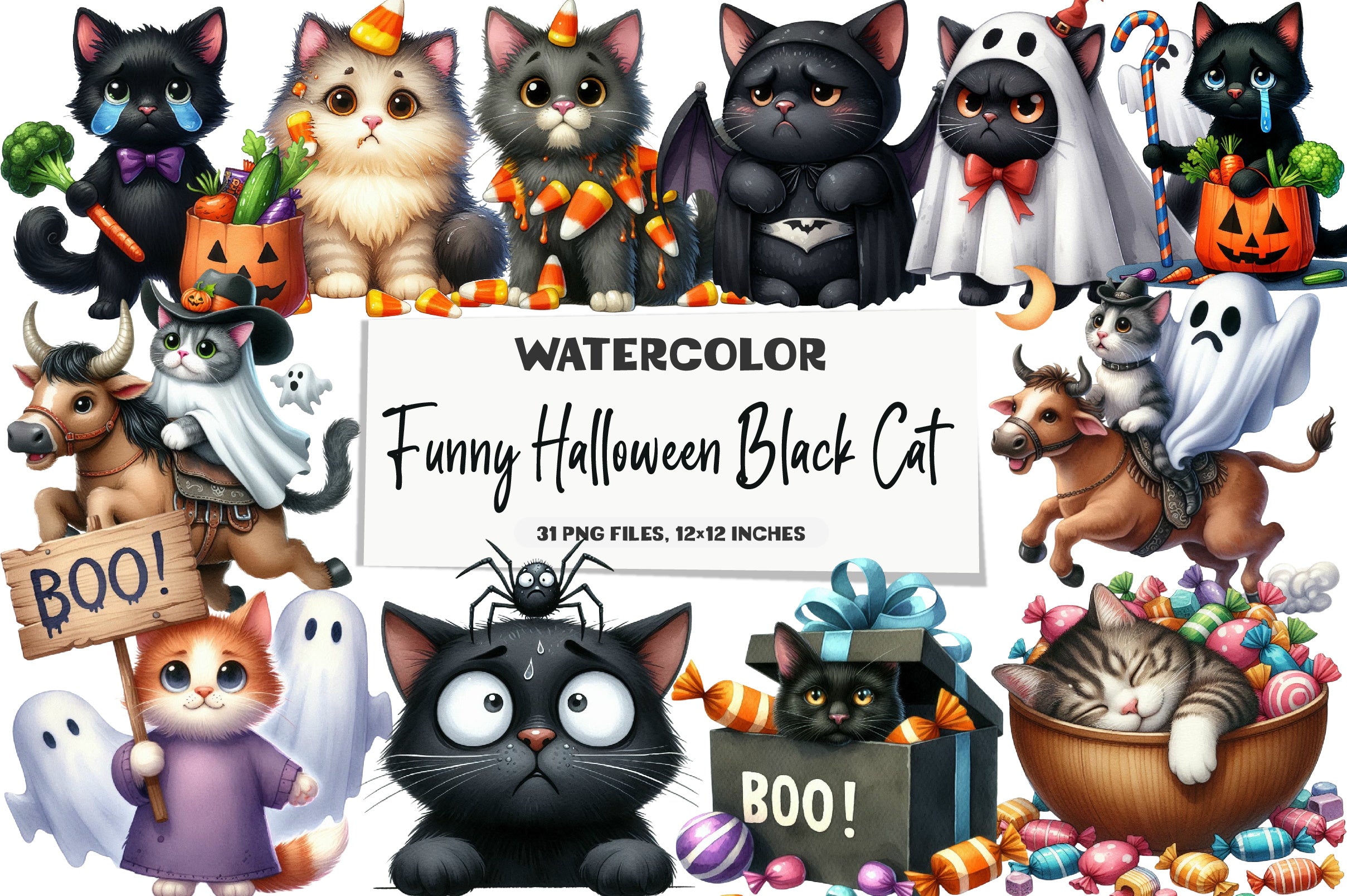 Funny Halloween Black Cat Clipart Bundle