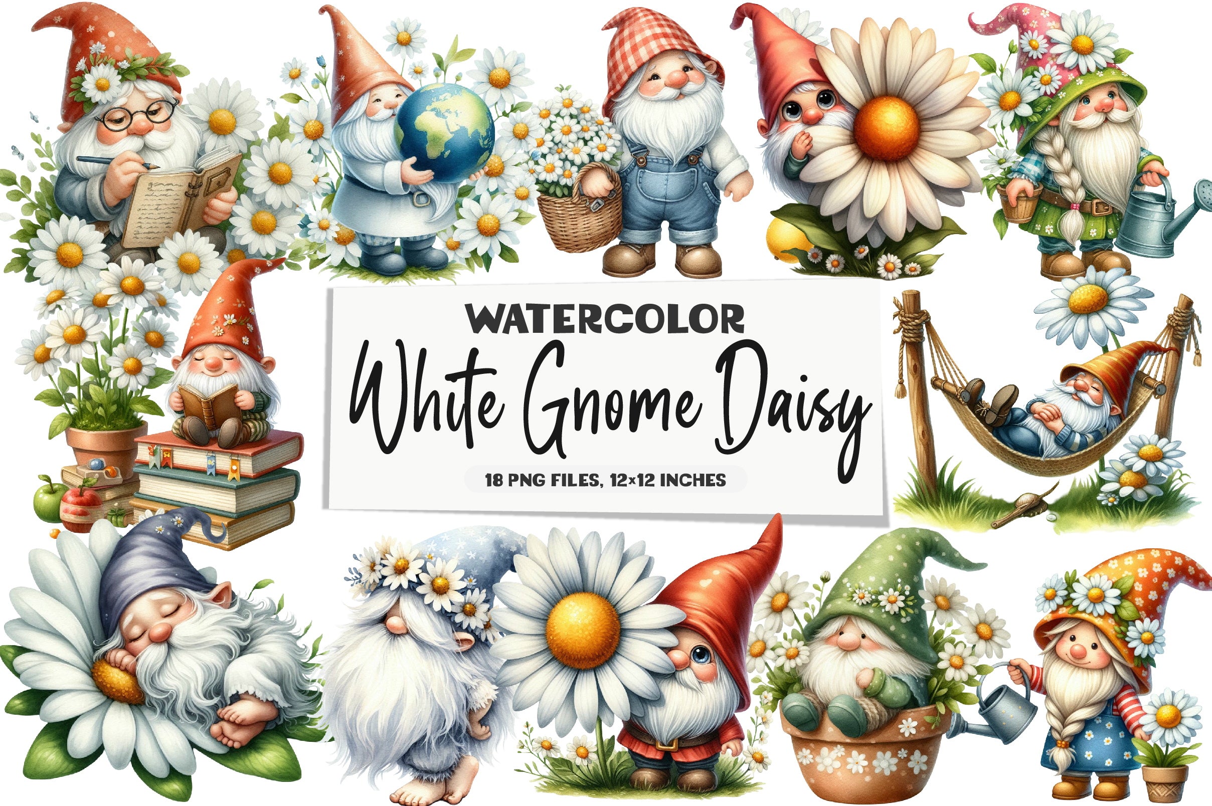 White Gnome Daisy Clipart Bundle