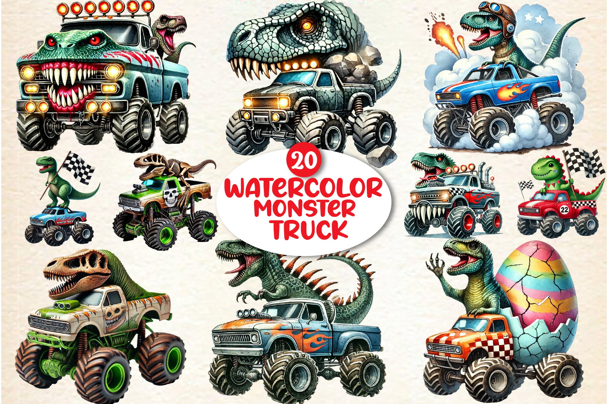 T-Rex Dinosaur Monster Truck Clipart Bundle