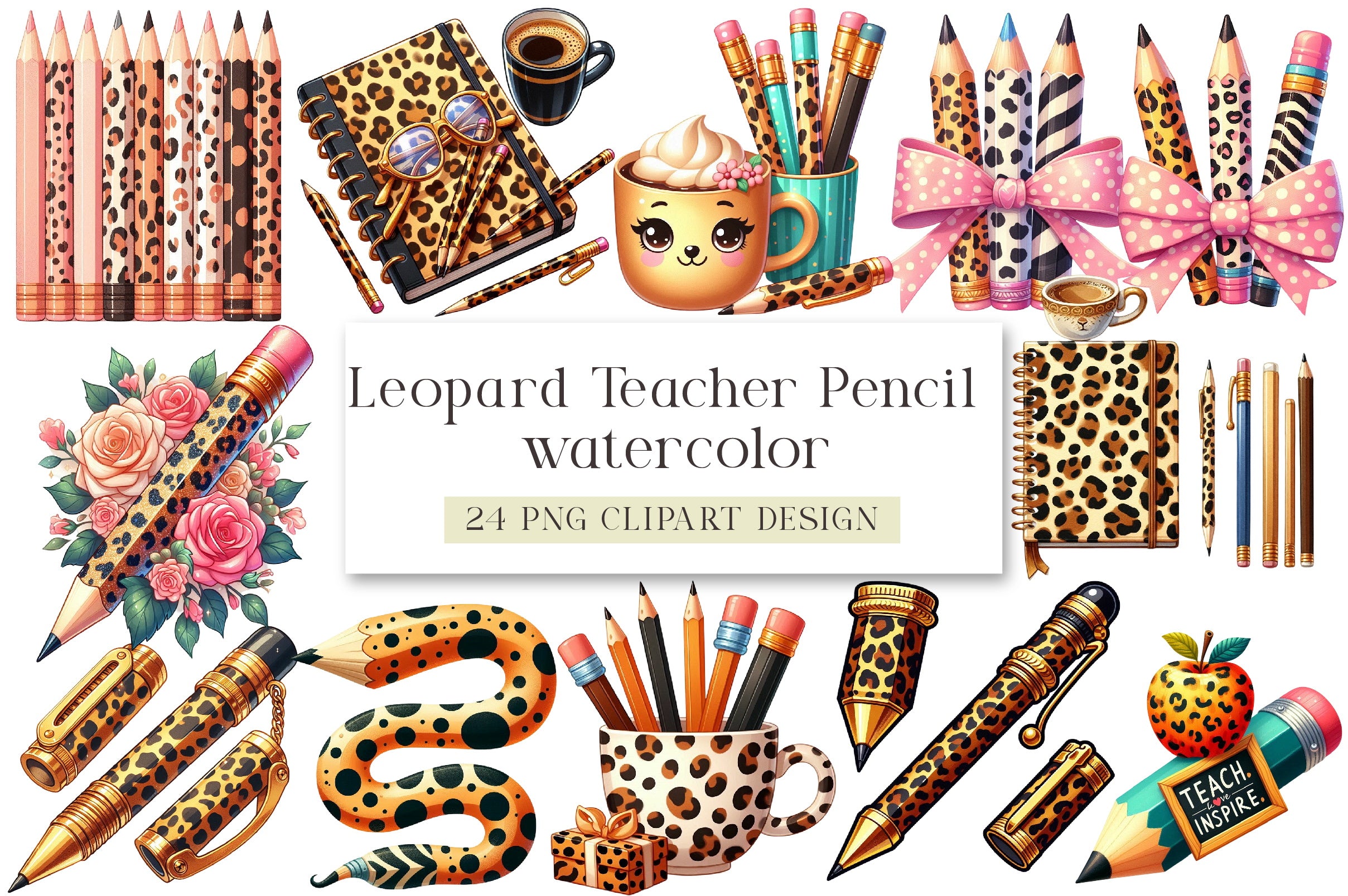 Leopard Teacher Pencil Clipart Bundle