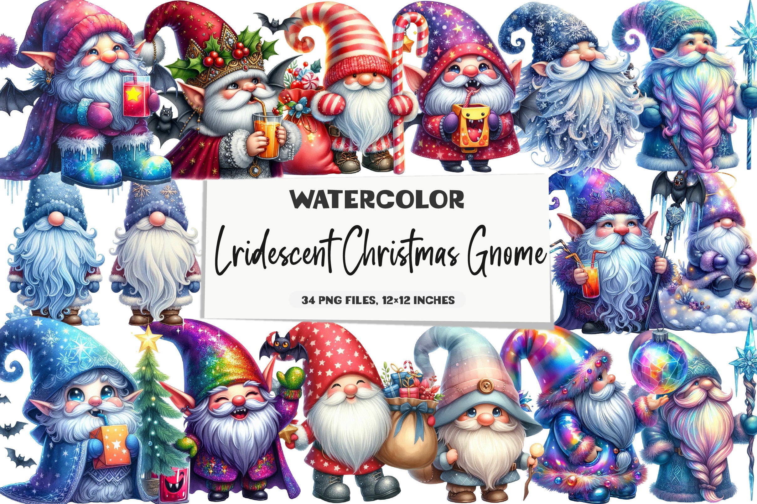 Iridescent Christmas Gnome Clipart Bundle