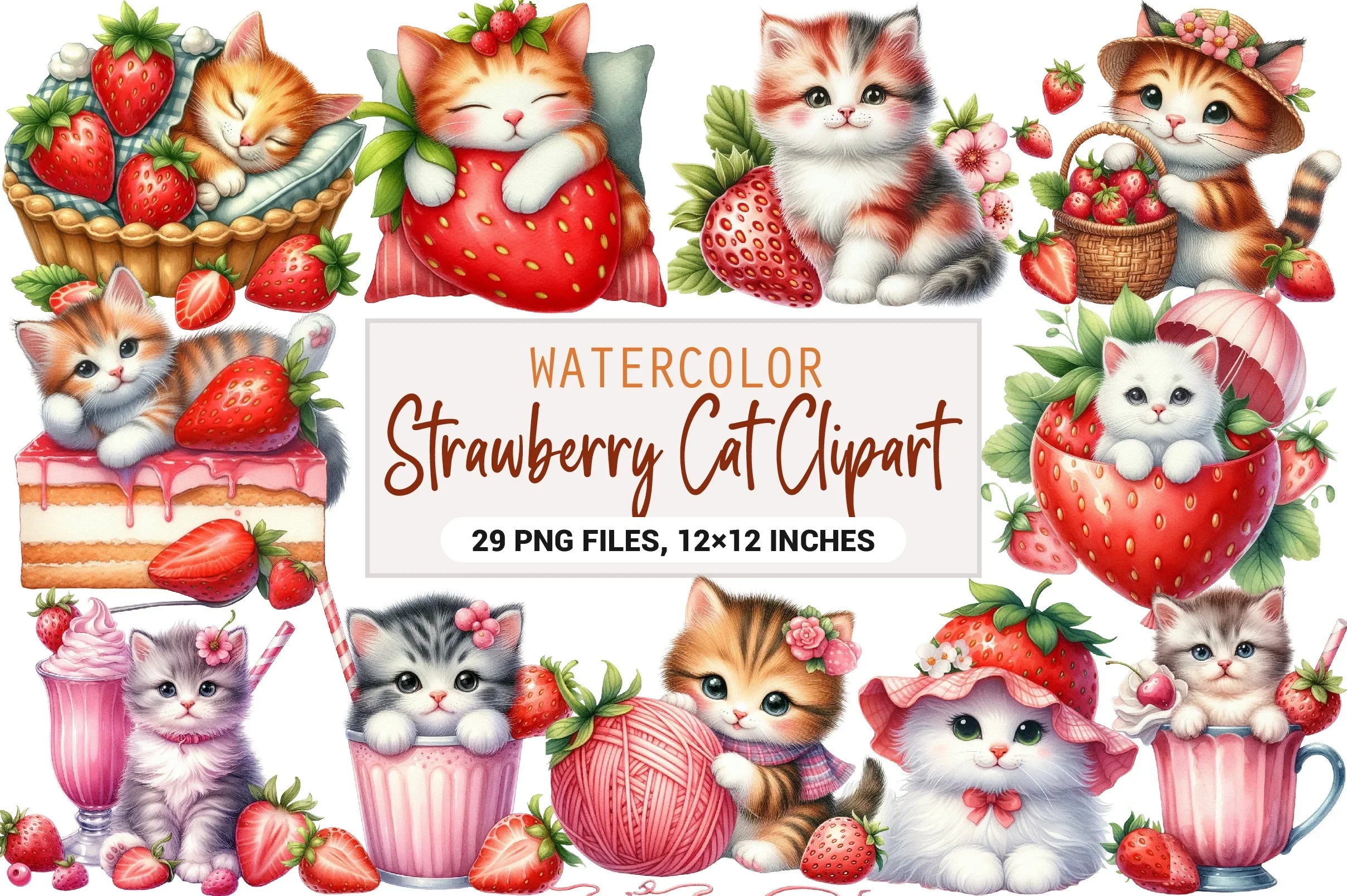 Strawberry Cat Clipart Bundle - CraftNest - Digital Crafting and Art