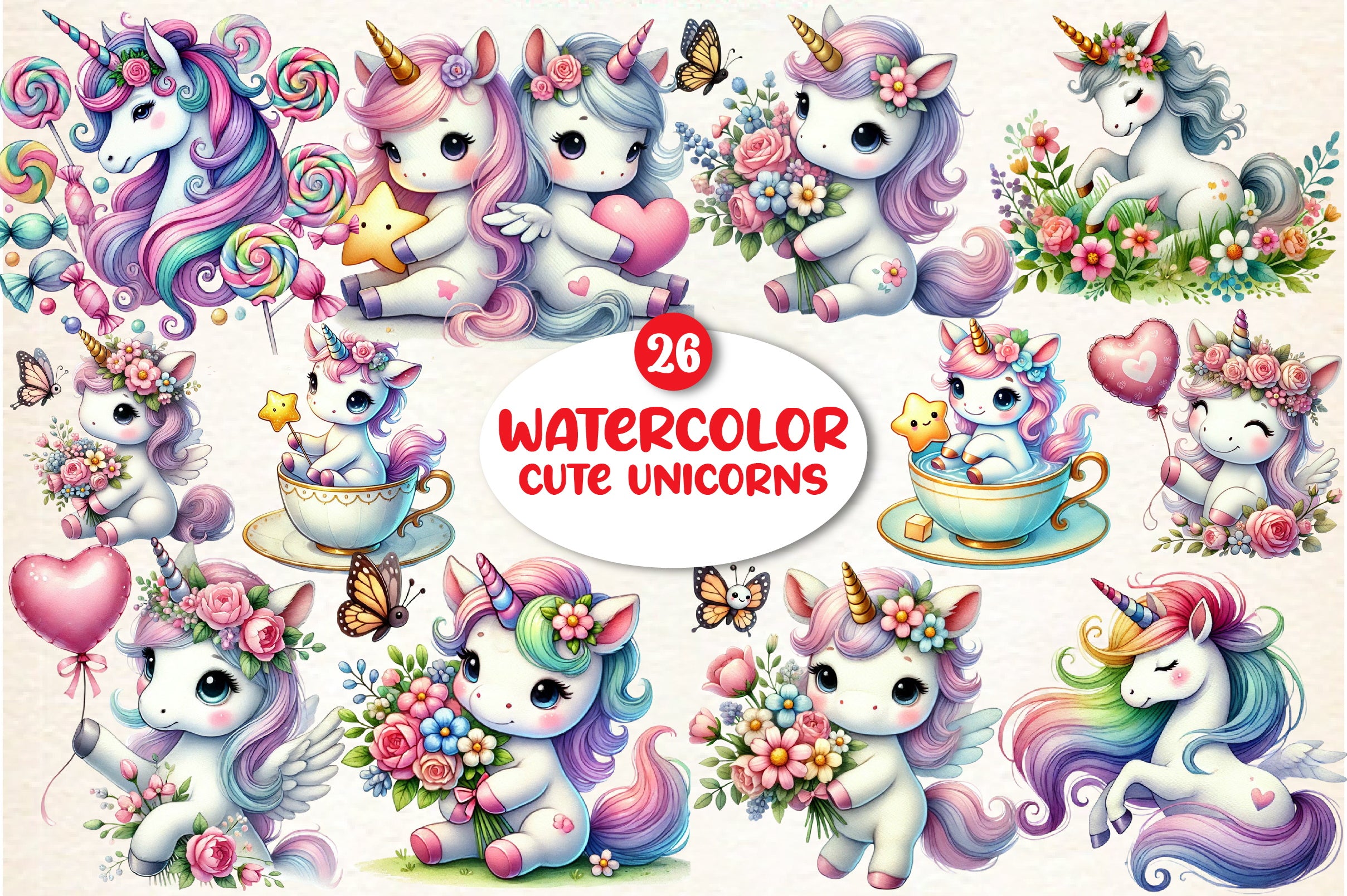 Cute Unicorns Clipart Bundle