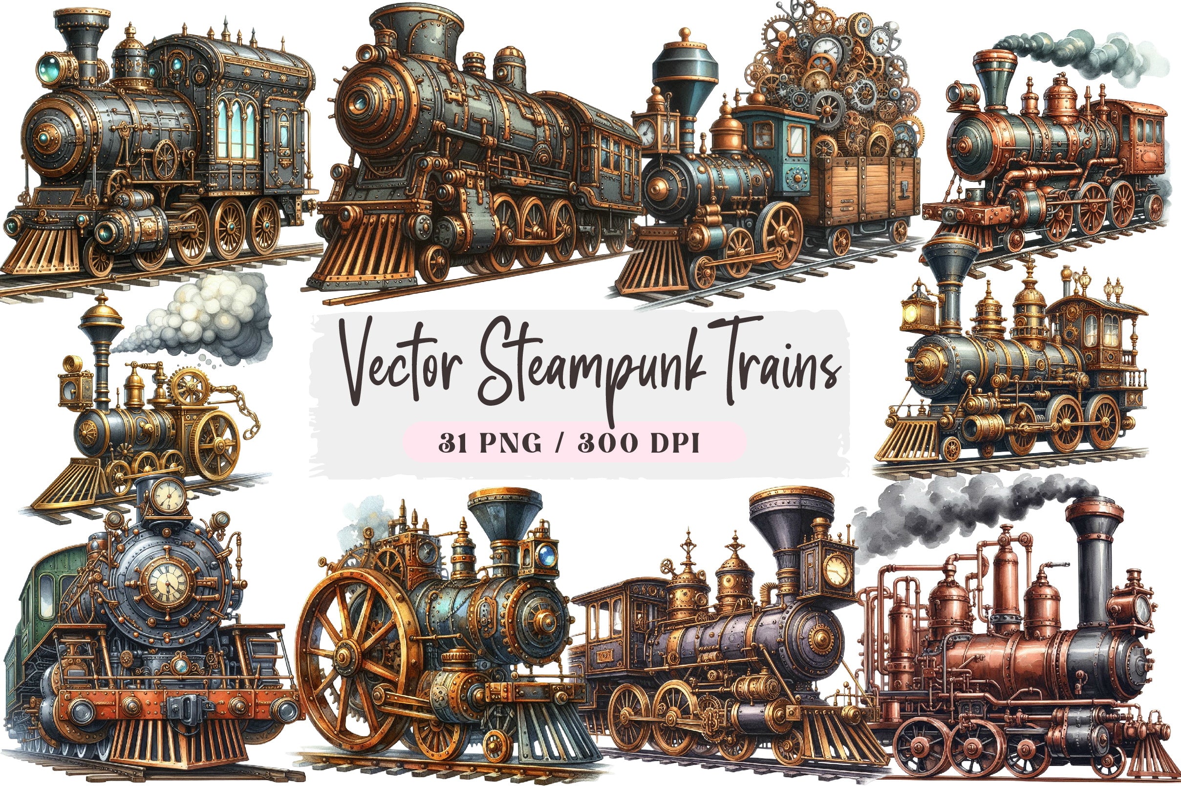 Steampunk Trains Vector Clipart Bundle