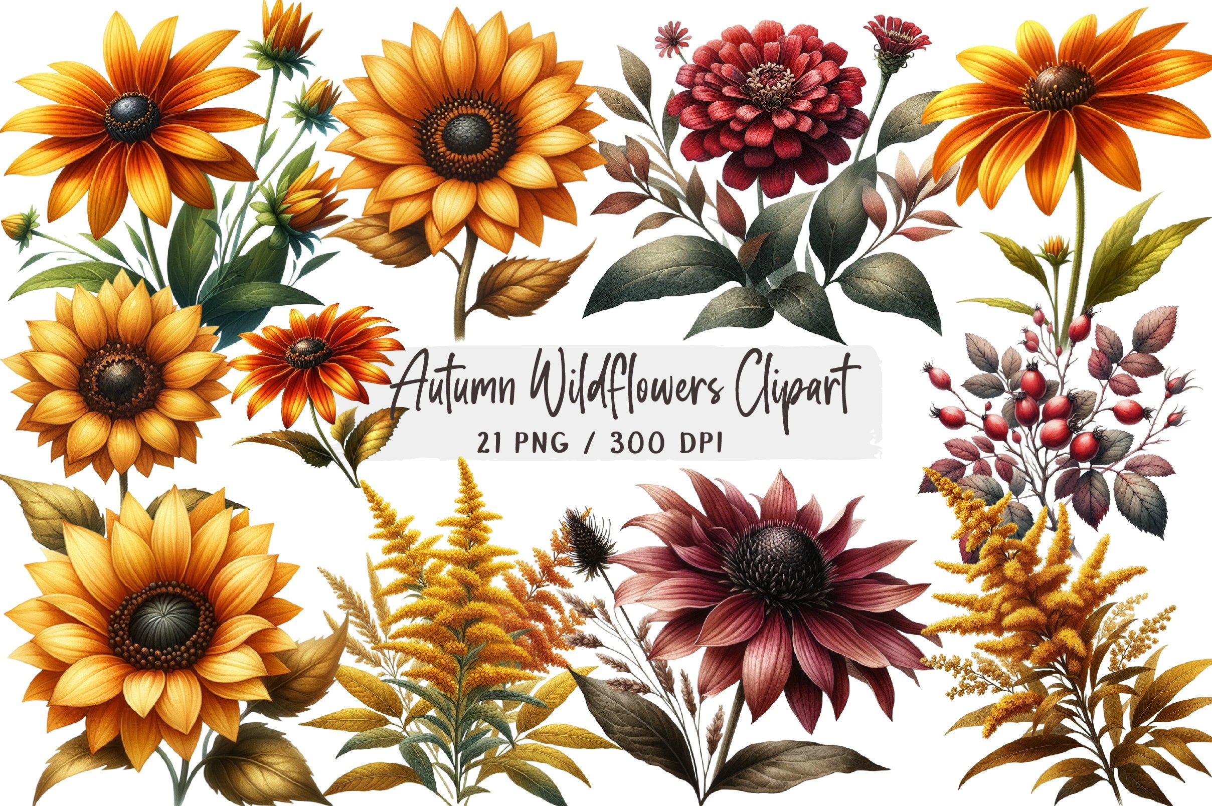 Autumn Wildflowers Clipart Bundle