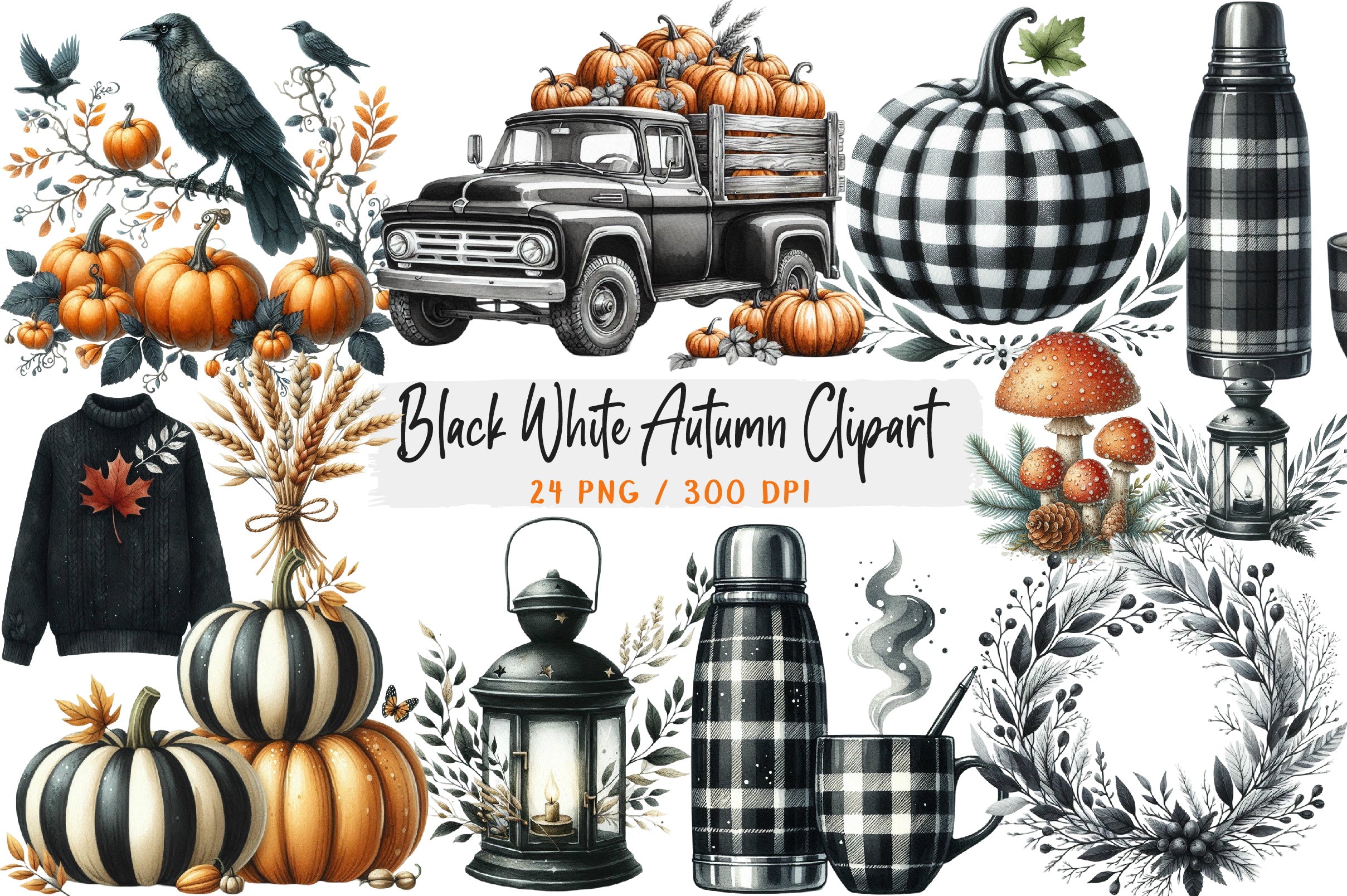 Black & White Autumn Clipart Bundle