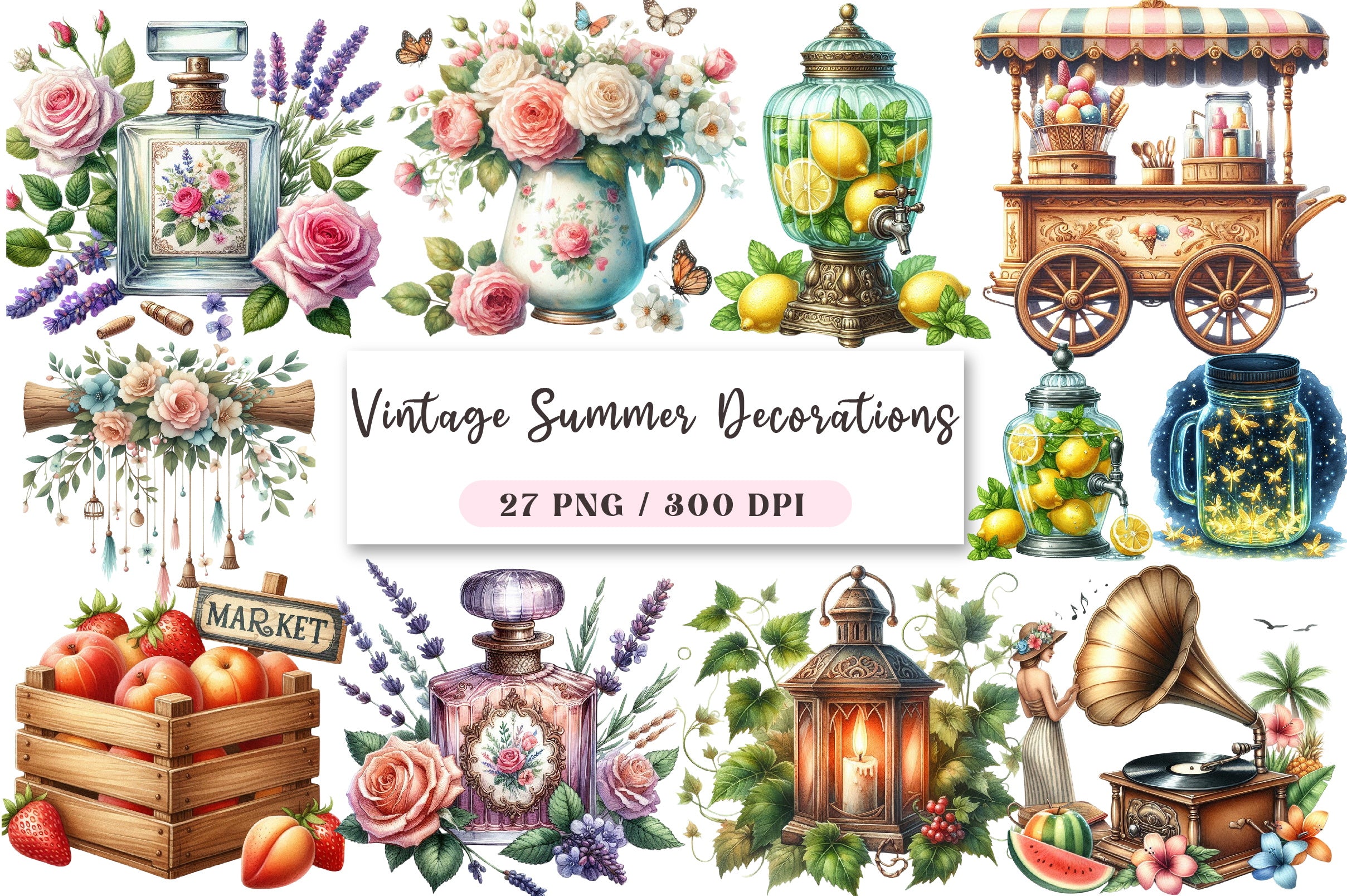 Vintage Summer Decorations Clipart Bundle