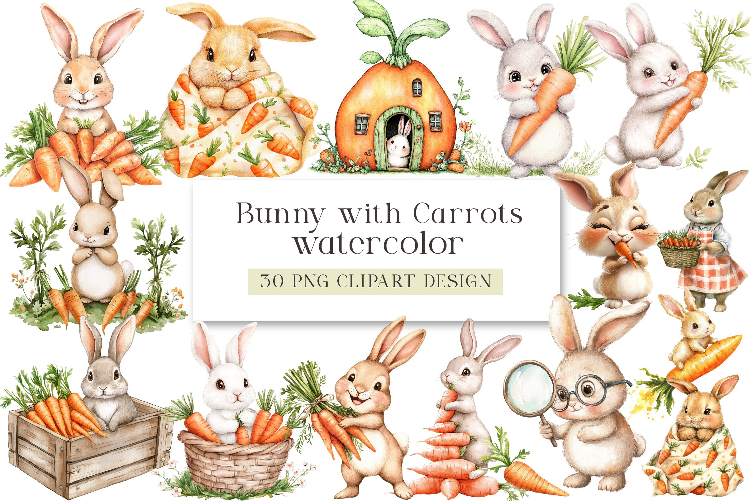 Hand Painted Bunny with Carrots Clipart Bundle