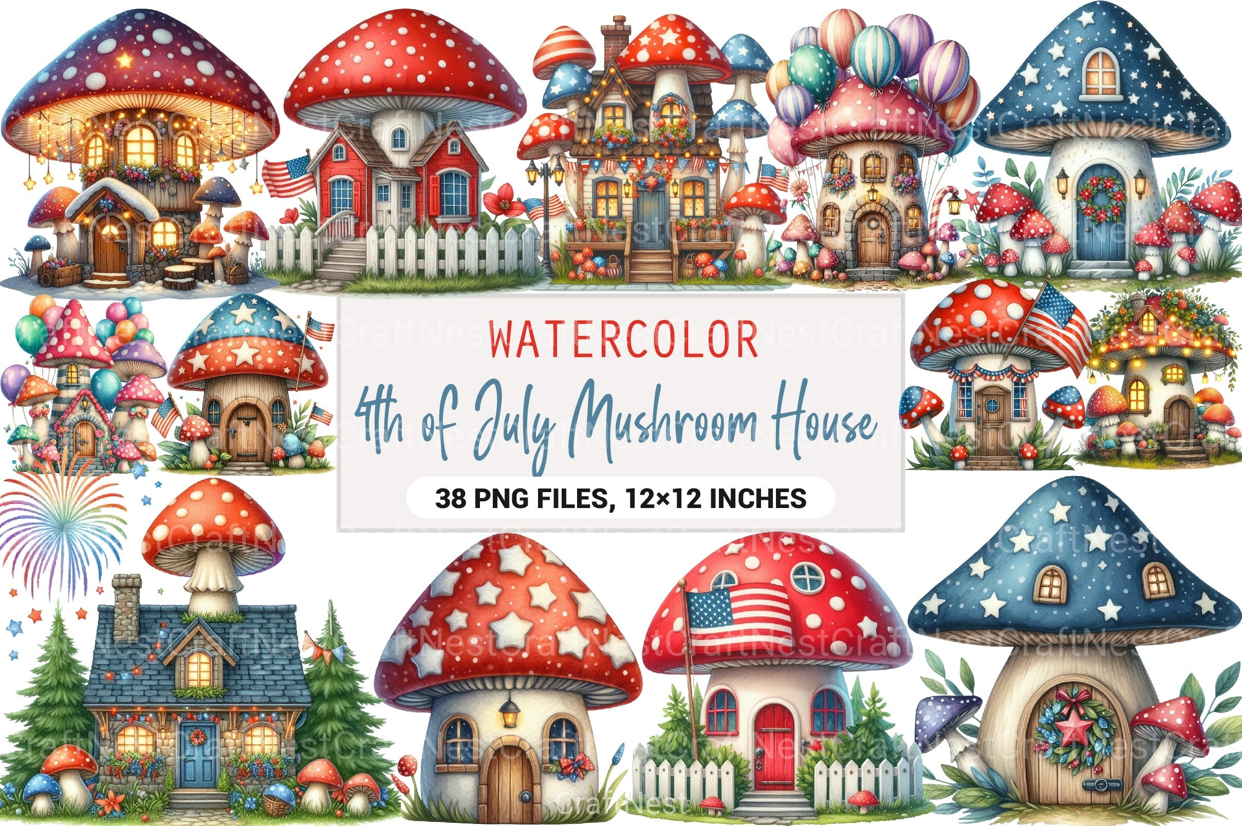 4th of July Mushroom House Clipart Bundle - CraftNest - Digital Crafting and Art
