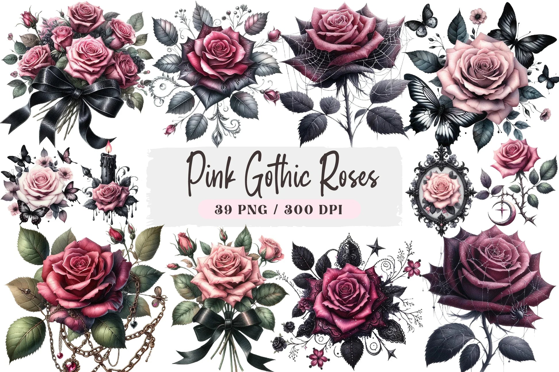 Pink Gothic Roses Clipart Bundle - CraftNest - Digital Crafting and Art