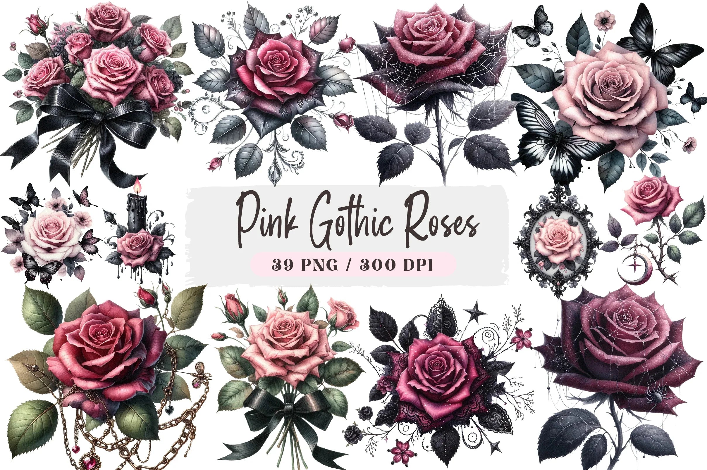 Pink Gothic Roses Clipart Bundle - CraftNest - Digital Crafting and Art