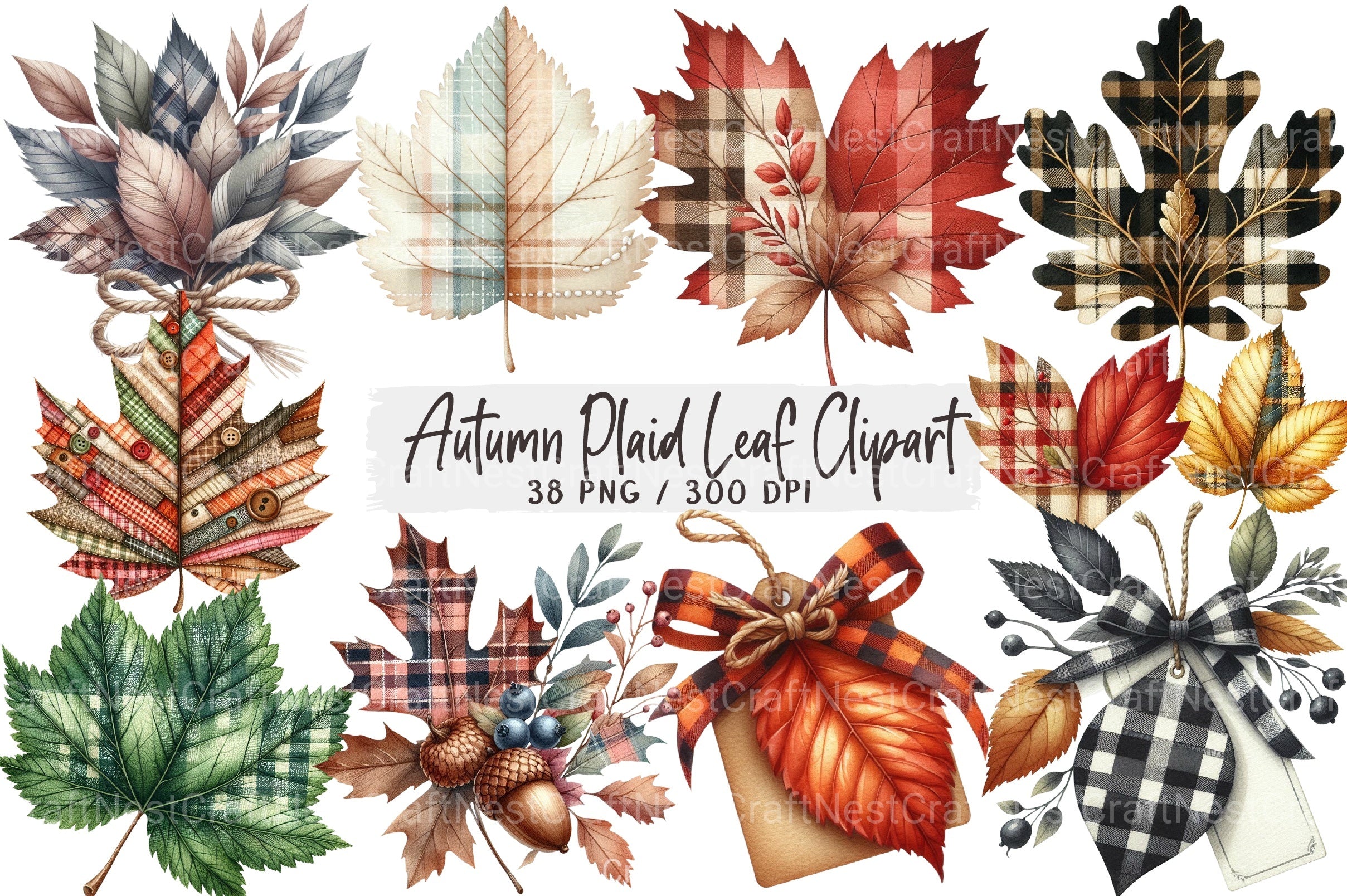 Autumn Plaid Leaf Clipart Bundle - CraftNest - Digital Crafting and Art