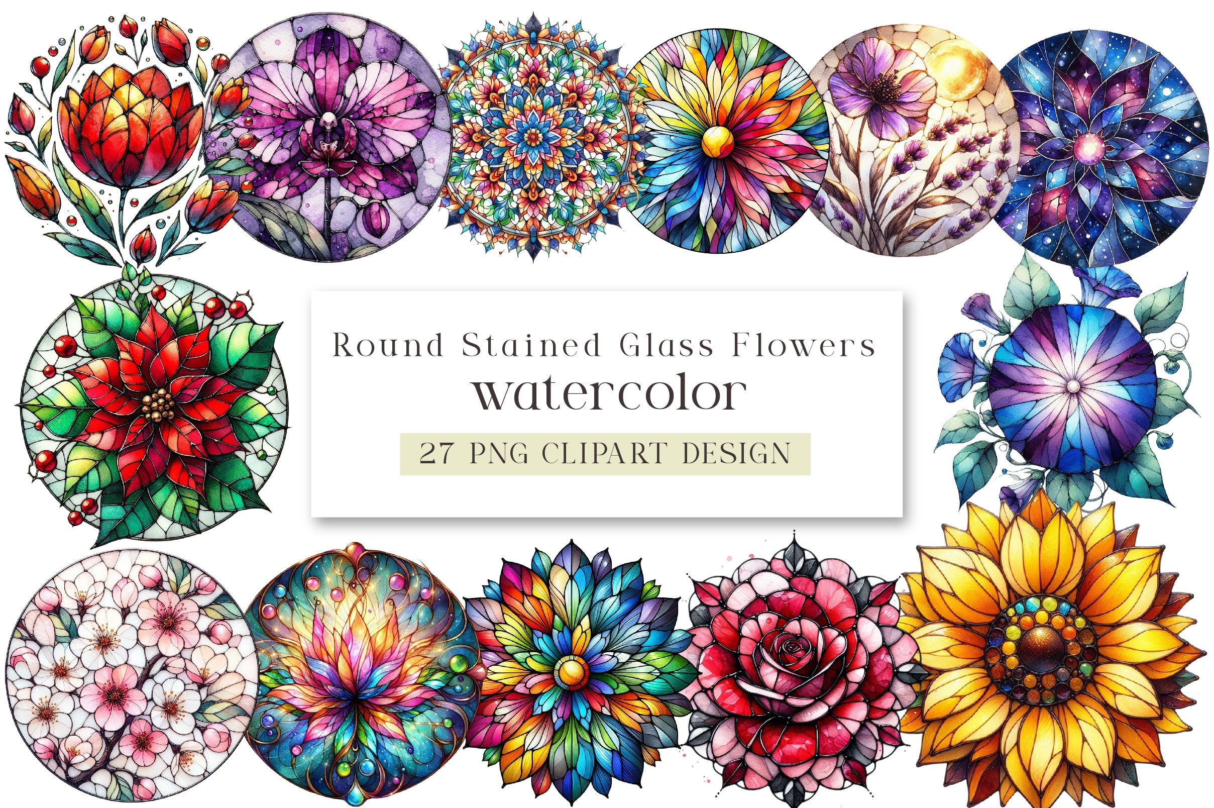 Round Stained Glass Flowers Clipart Bundle
