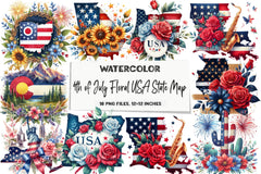 4th of July Floral USA State Map Clipart Bundle - CraftNest - Digital Crafting and Art