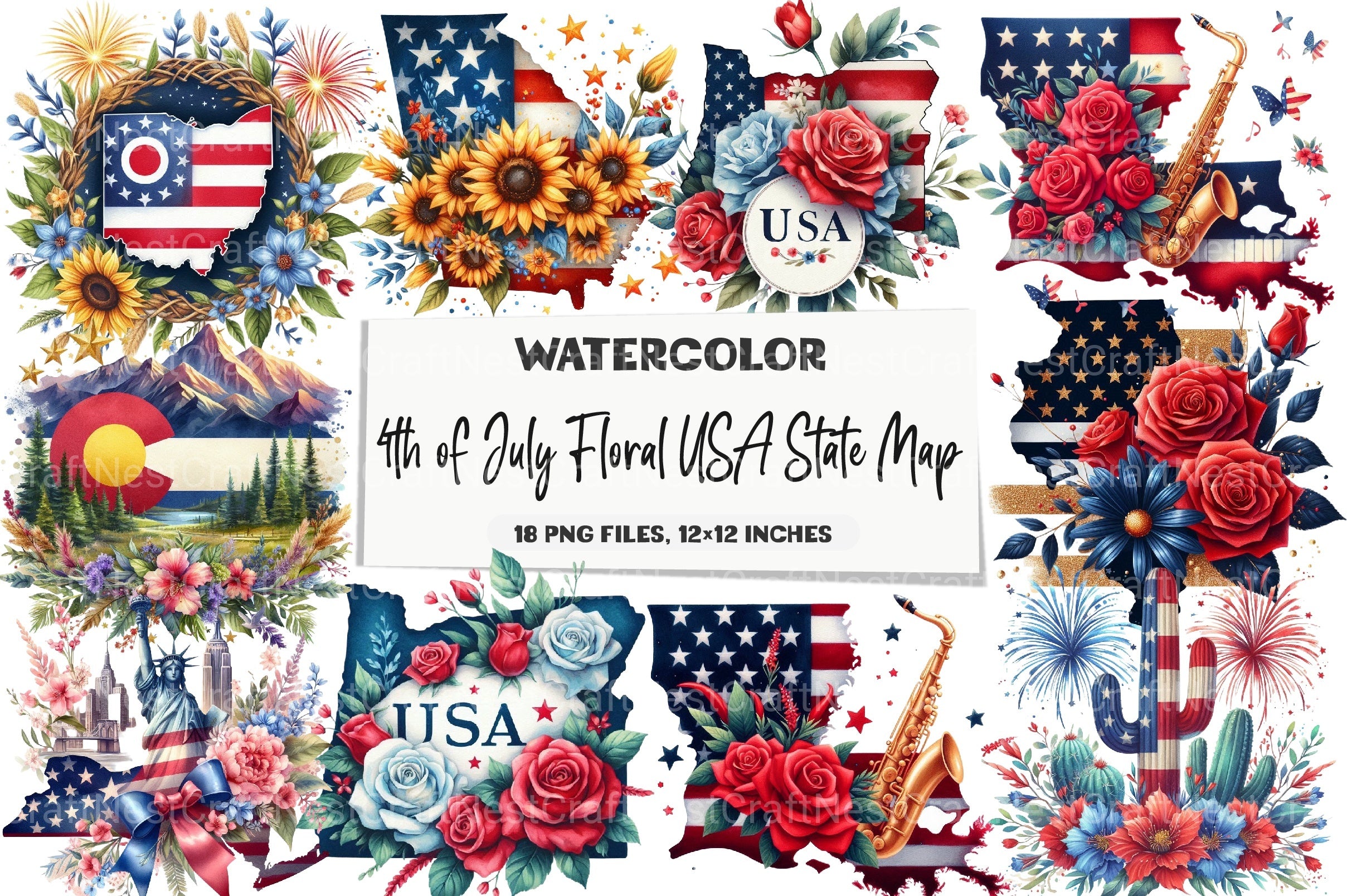 4th of July Floral USA State Map Clipart Bundle - CraftNest - Digital Crafting and Art