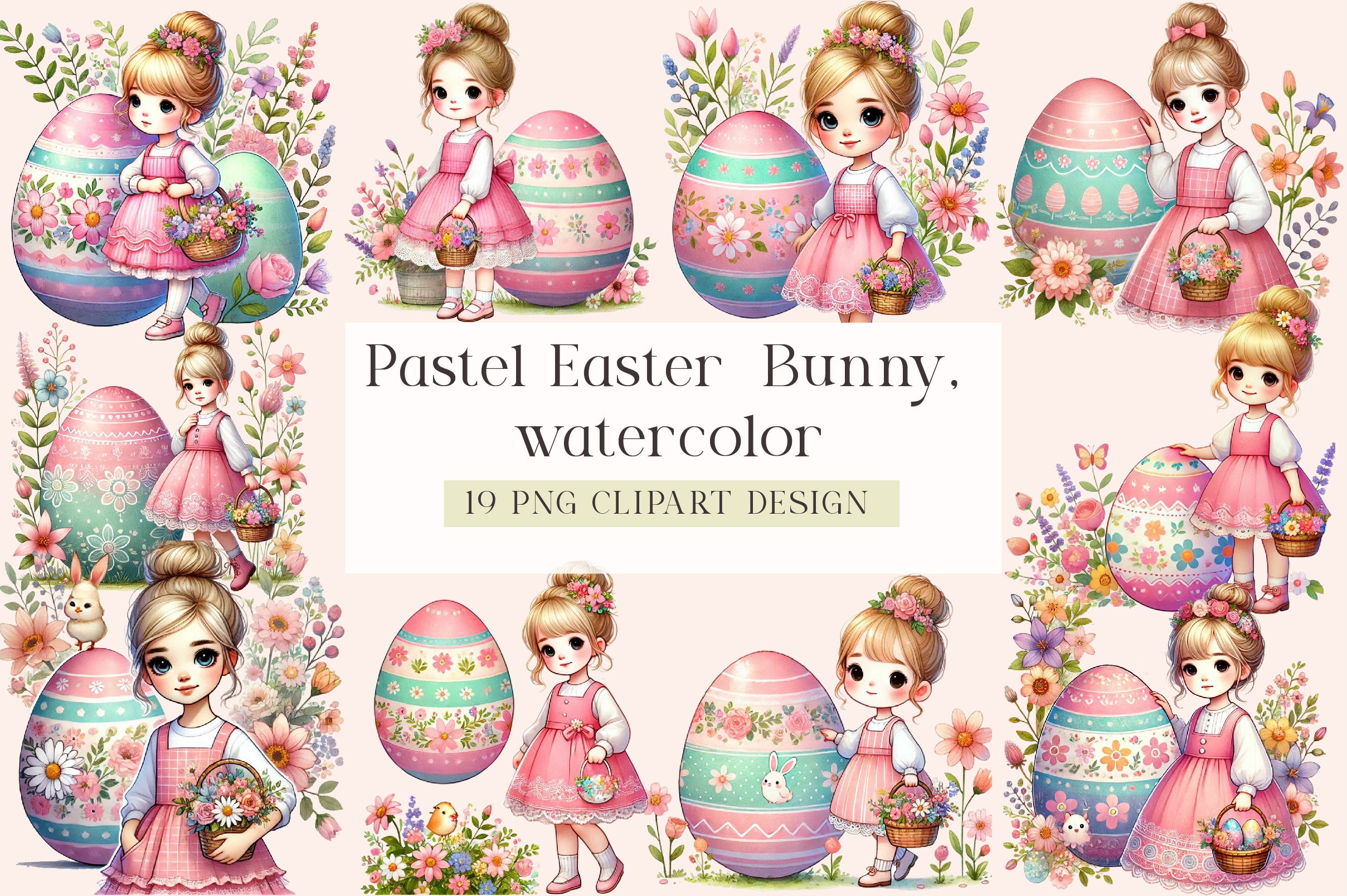 Pastel Easter Bunny & Eggs Clipart Bundle