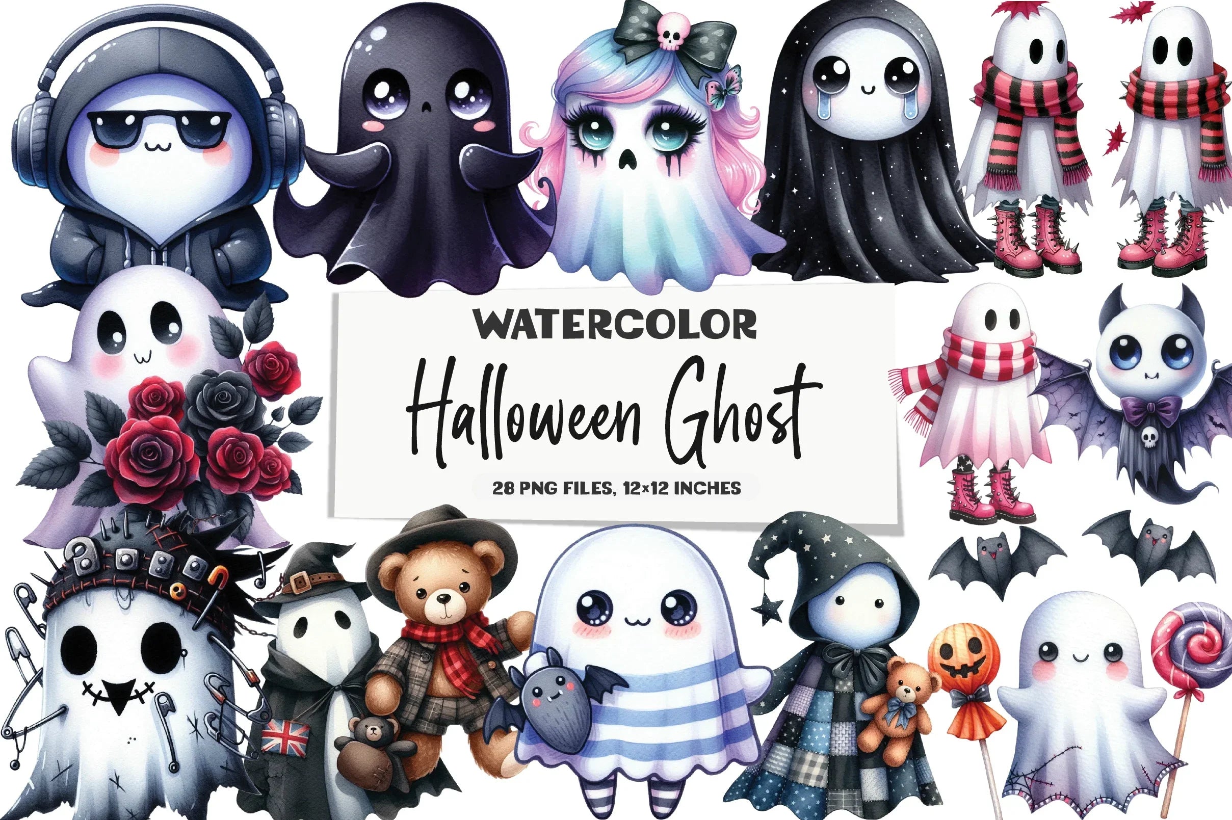Kawaii Goth Halloween Ghost Clipart Bundle - CraftNest - Digital Crafting and Art