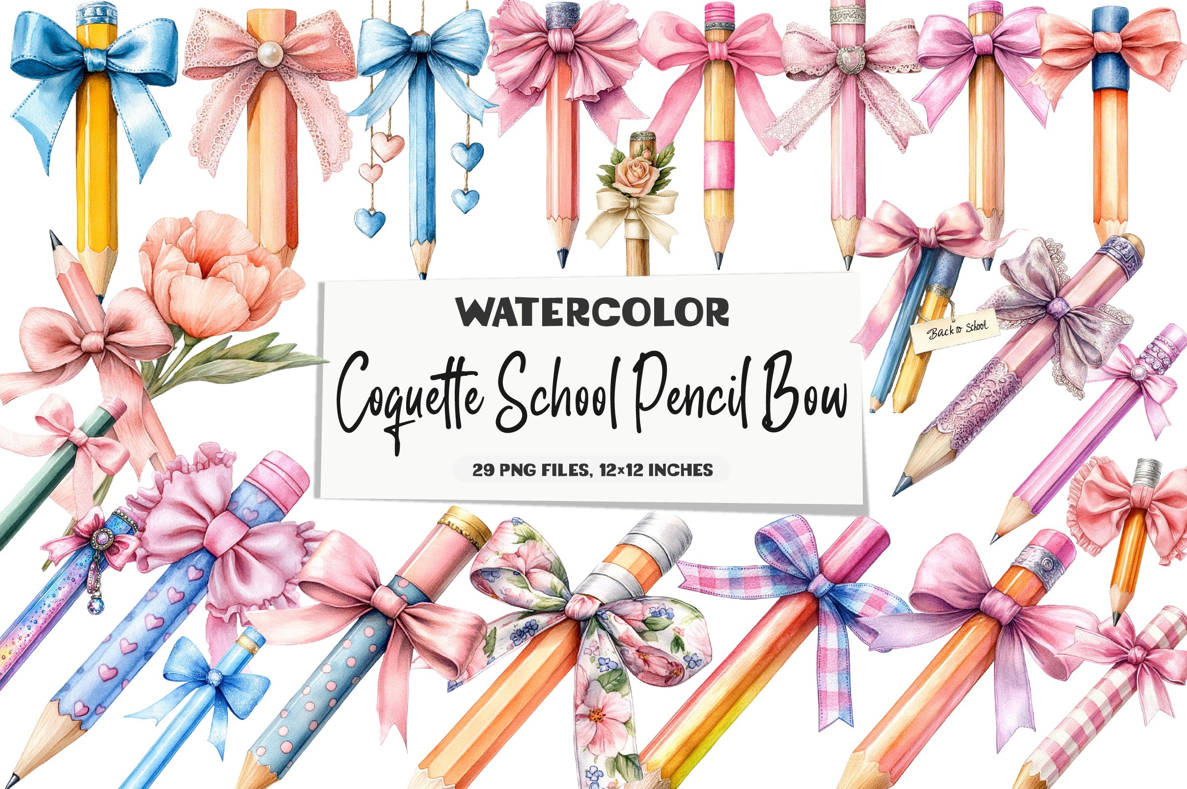 Coquette School Pencil Bow Clipart Bundle