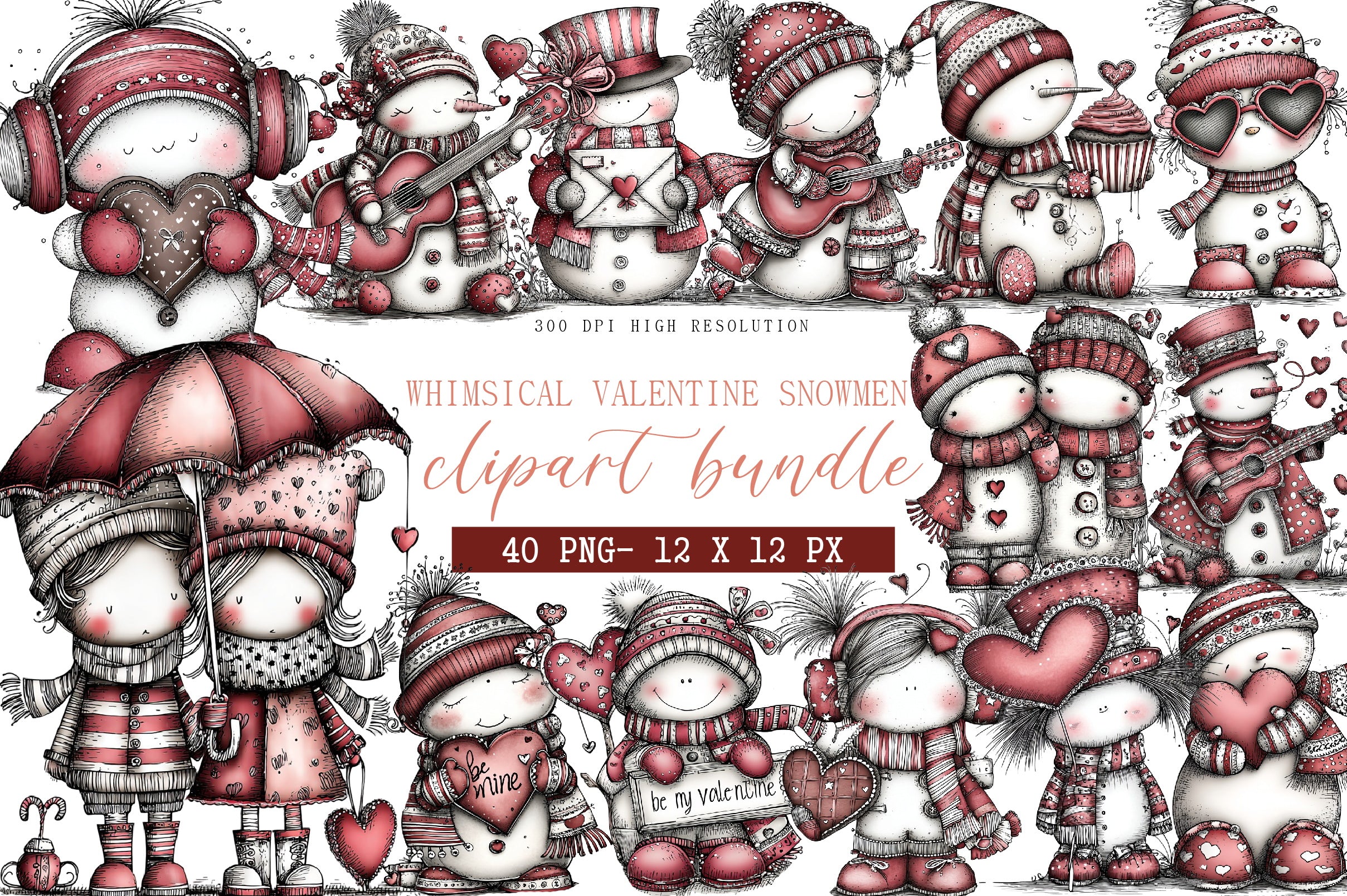 Whimsical Valentine Snowmen Clipart Bundle