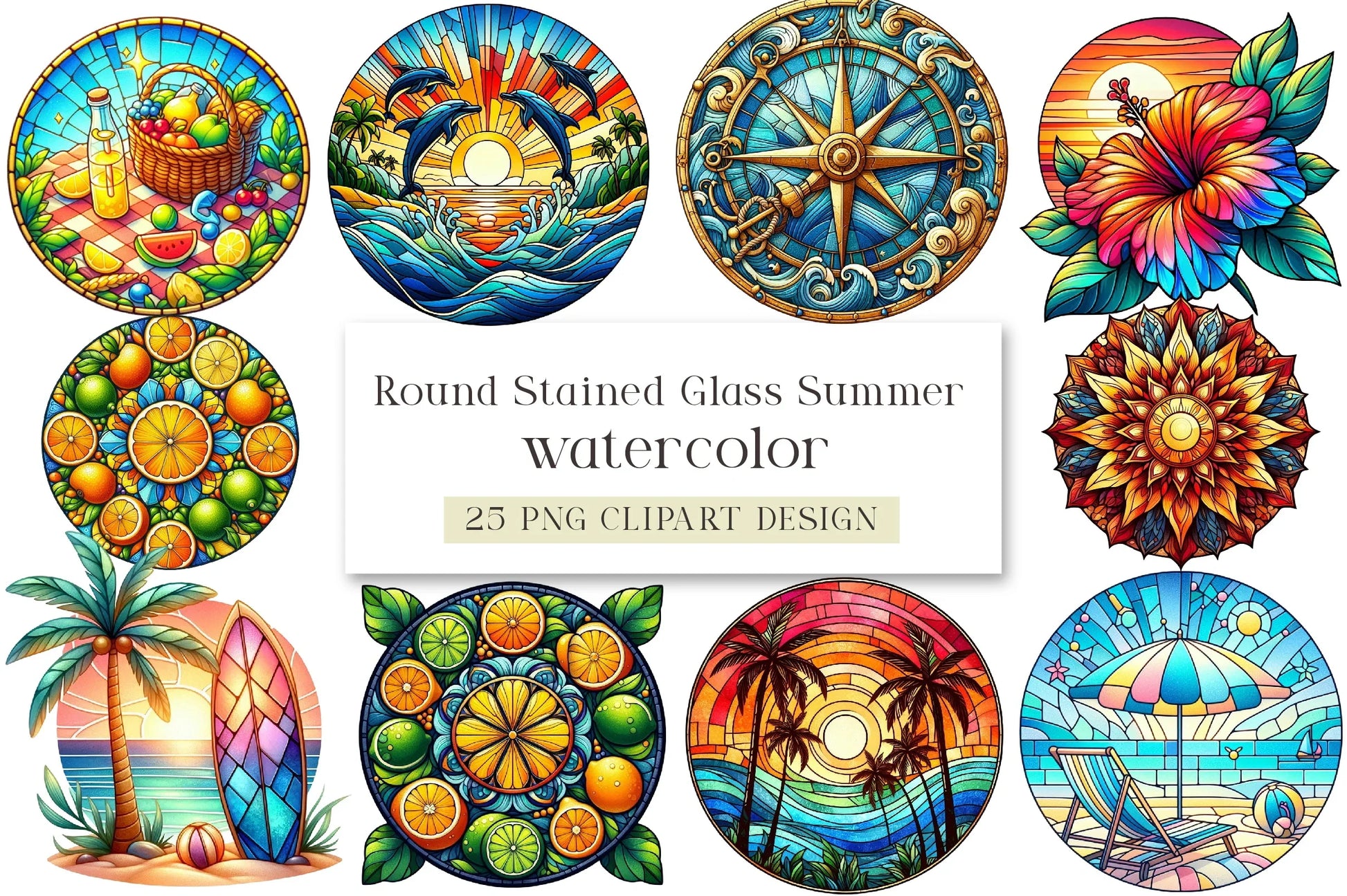 Round Stained Glass Summer Clipart Bundle - CraftNest - Digital Crafting and Art