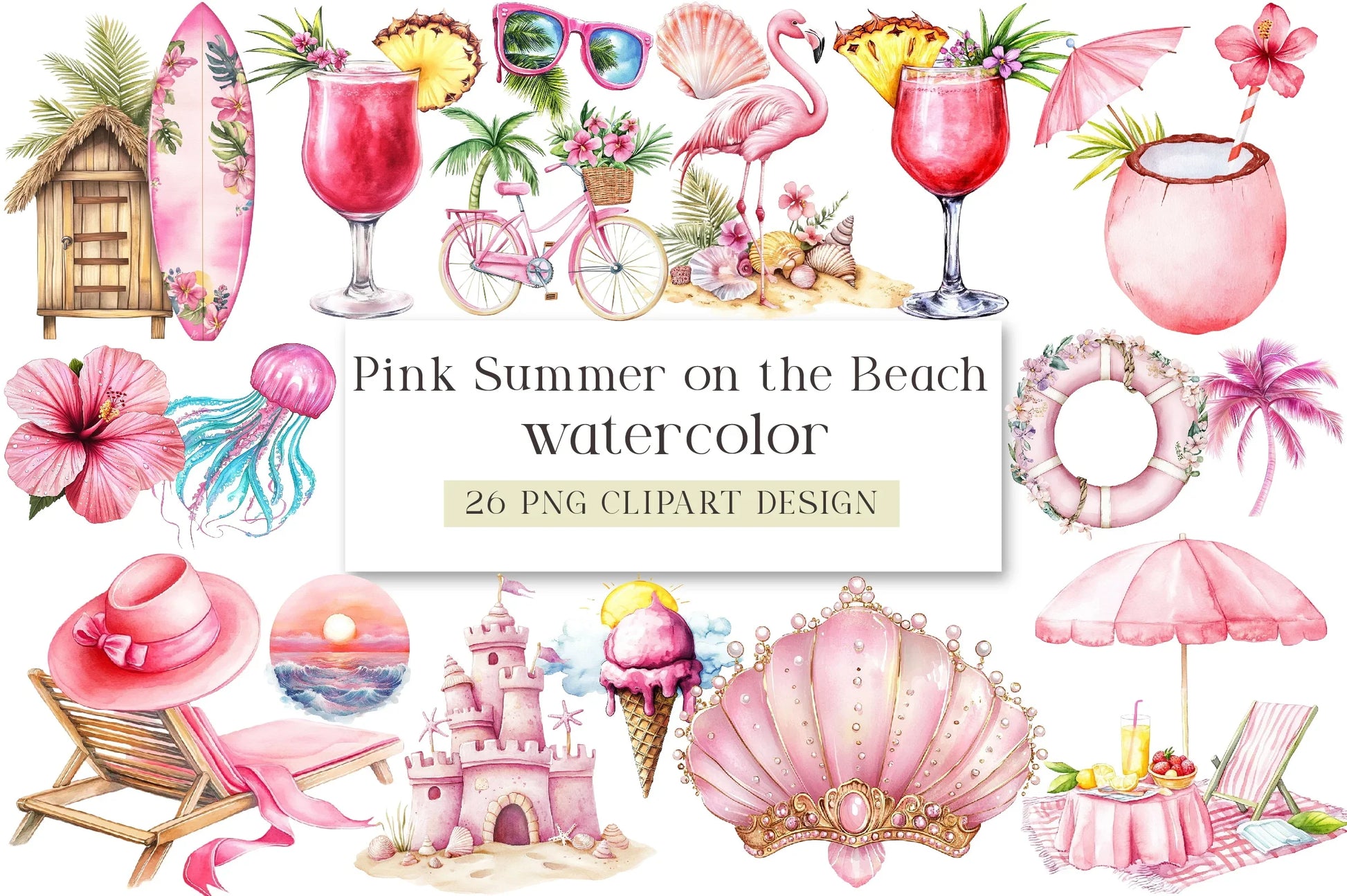 Pink Summer Beach Clipart Bundle - CraftNest - Digital Crafting and Art