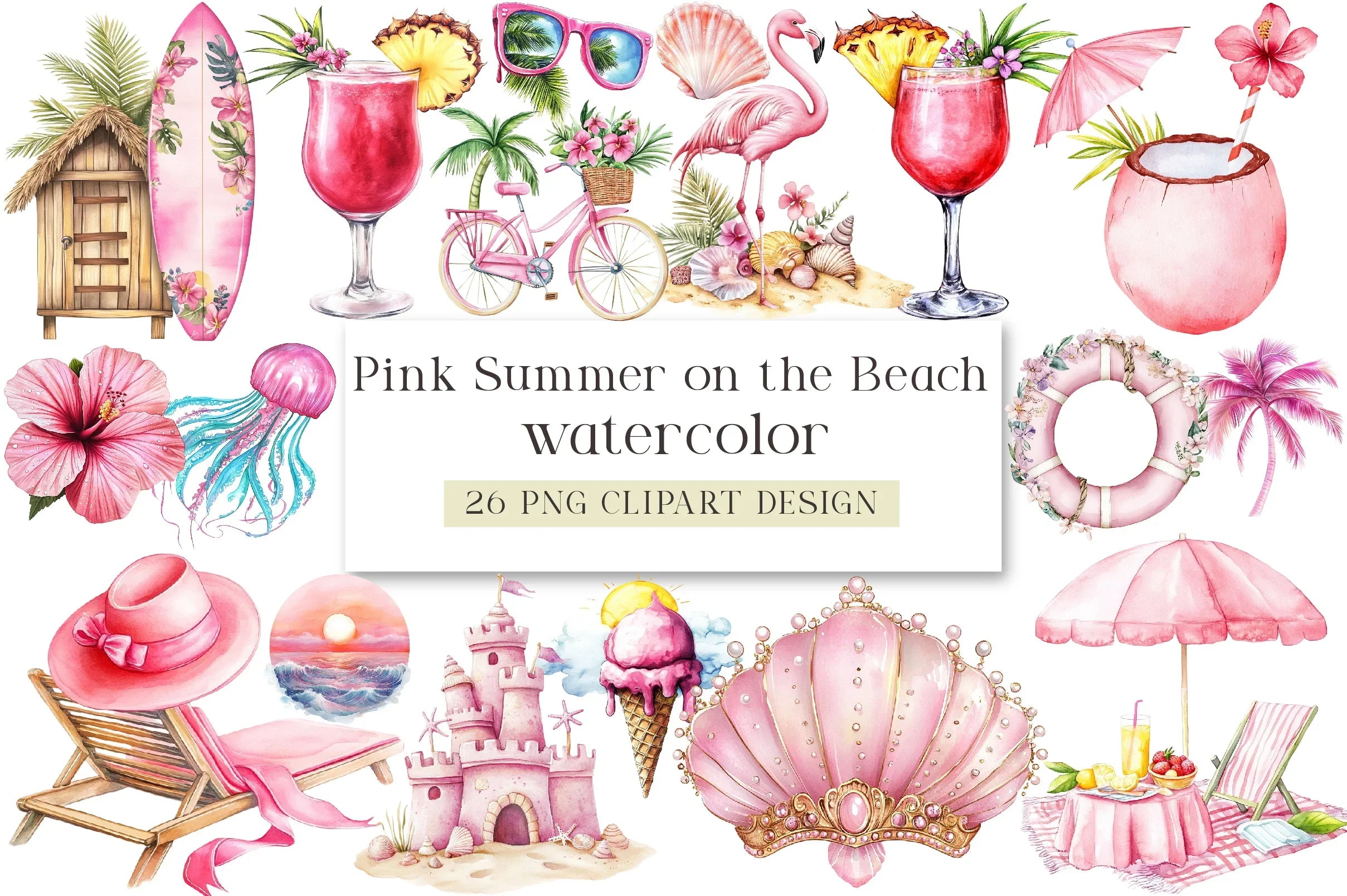 Pink Summer Beach Clipart Bundle - CraftNest - Digital Crafting and Art