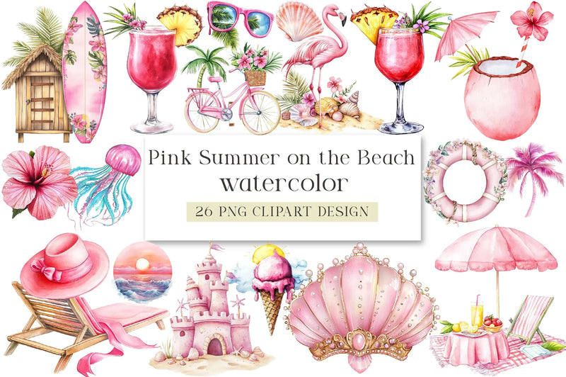 Pink Summer Beach Clipart Bundle - CraftNest - Digital Crafting and Art