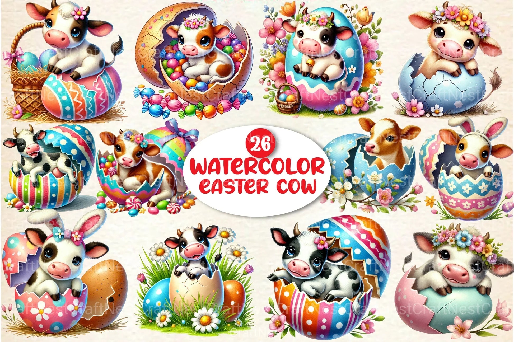 Easter Cow on Cracked Egg Clipart Bundle 99 - CraftNest - Digital Crafting and Art