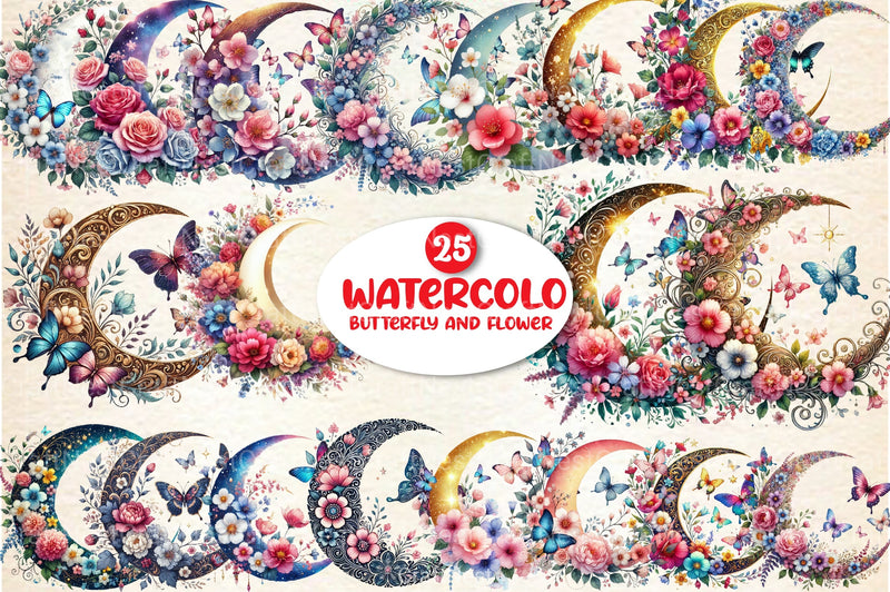 Butterfly and Flower Moon Clipart Bundle - CraftNest - Digital Crafting and Art