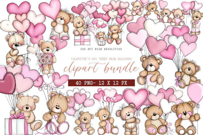 Valentine's Day Teddy Bear Balloons Clipart Bundle - CraftNest - Digital Crafting and Art