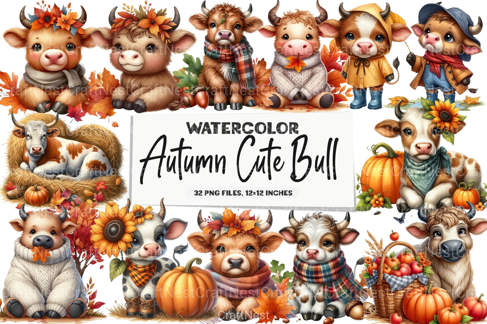 Autumn Cute Bull Clipart Bundle - CraftNest - Digital Crafting and Art
