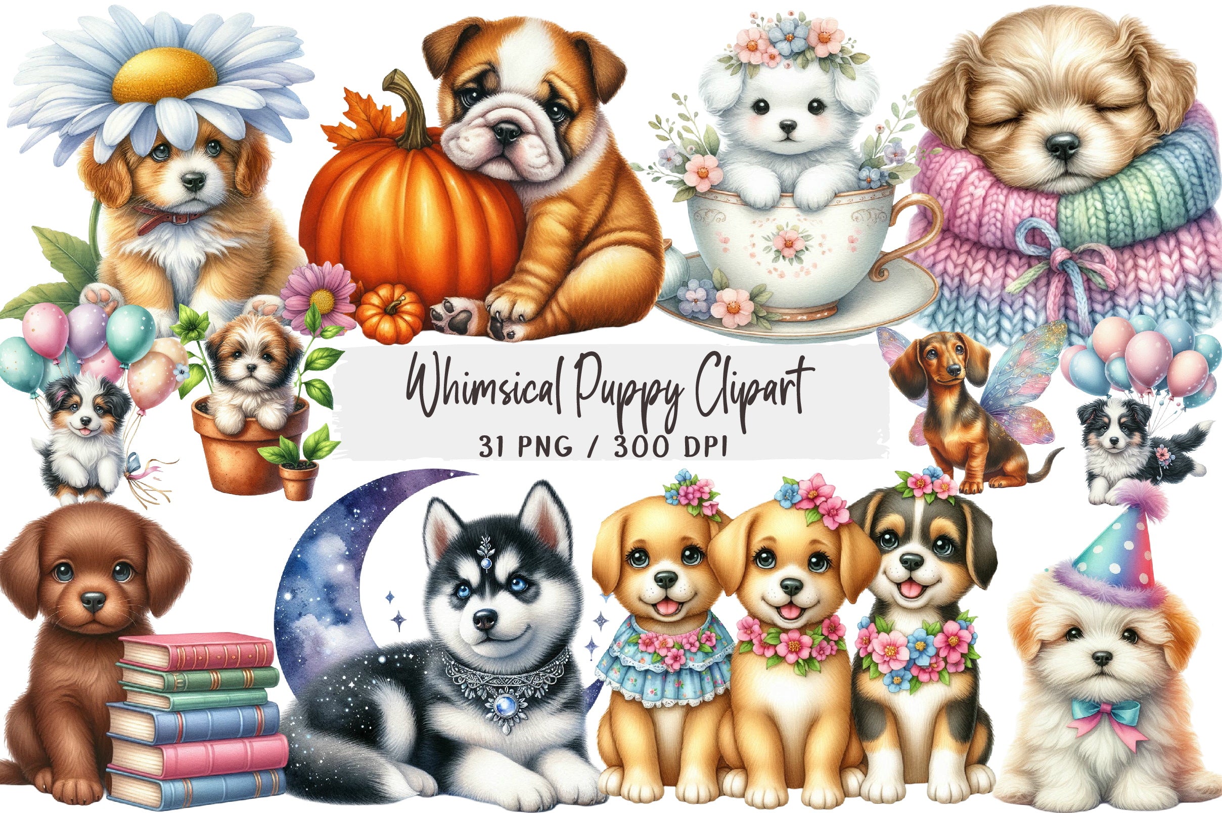 Whimsical Puppy Clipart Bundle
