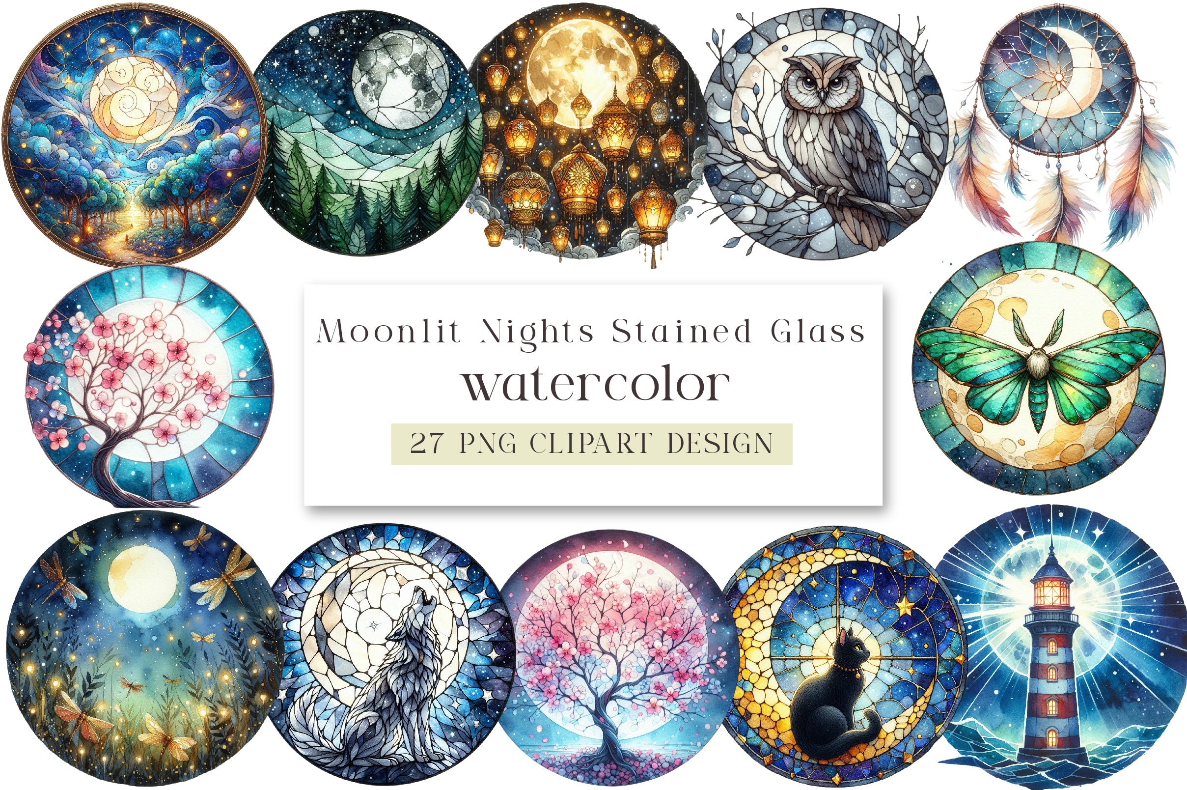 Moonlit Nights Stained Glass Clipart Bundle