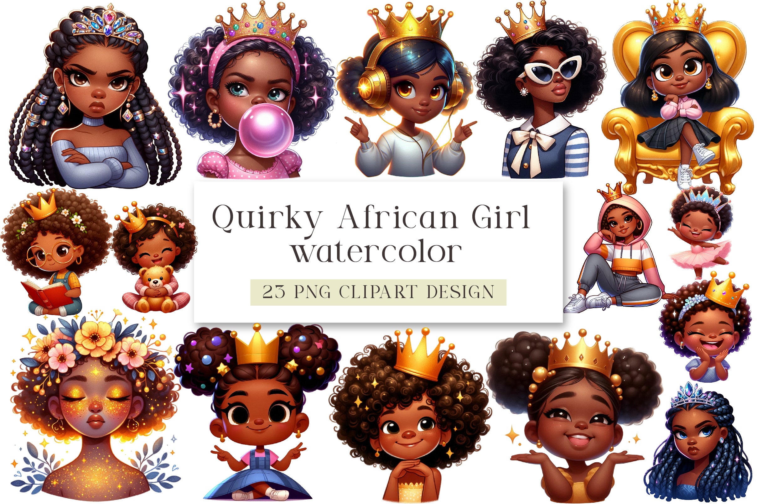 Quirky African American Girl Crown Clipart Bundle
