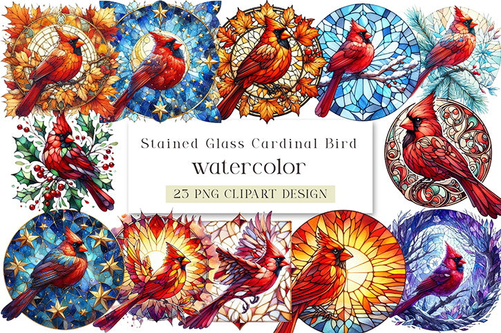 Stained Glass Cardinal Bird Clipart Bundle