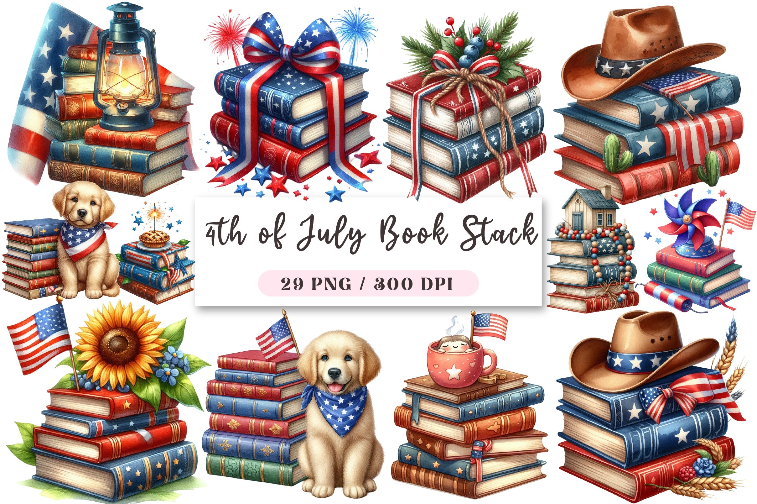 4th of July Book Stack Clipart Bundle