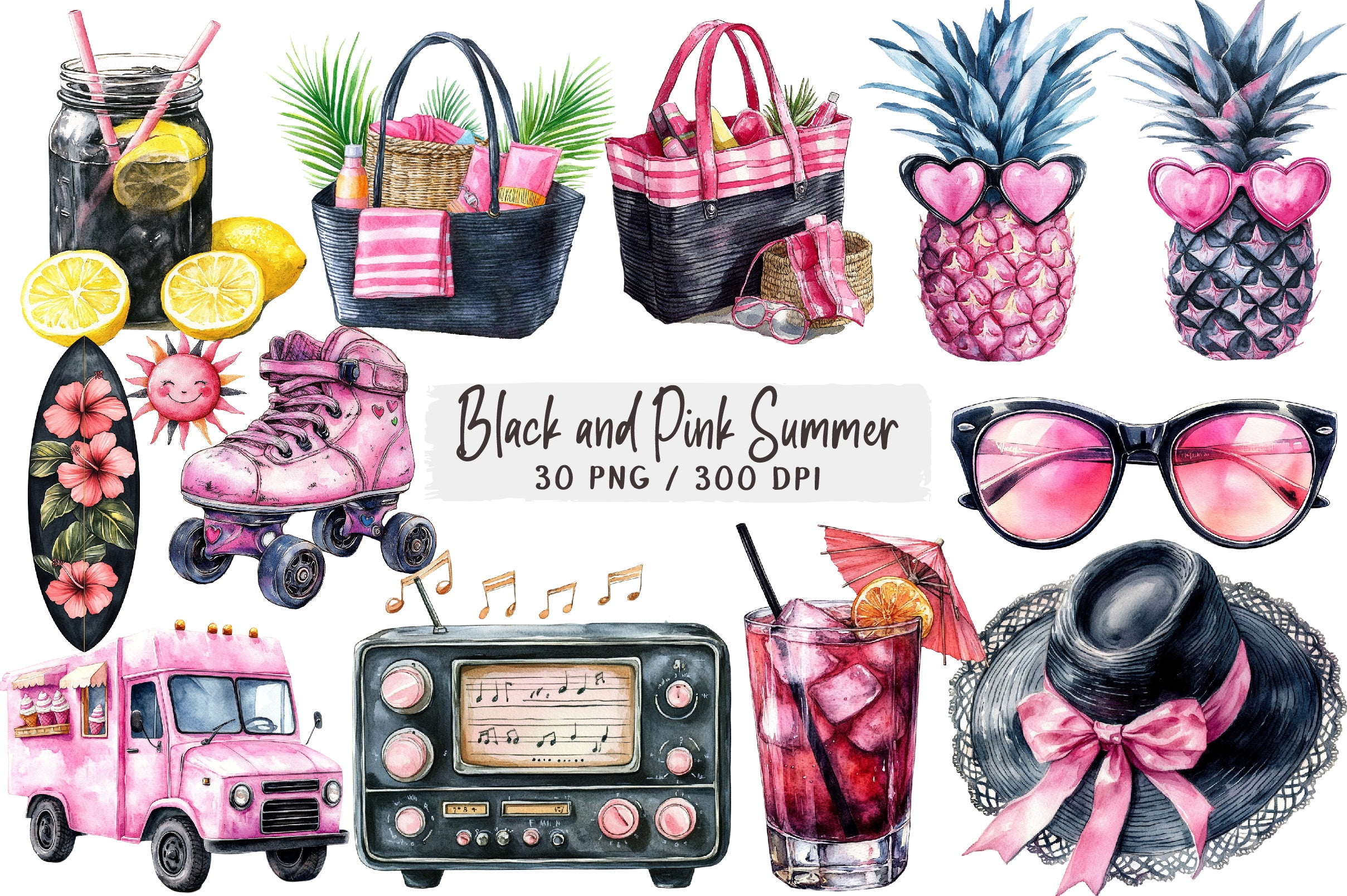 Black and Pink Summer Clipart Bundle