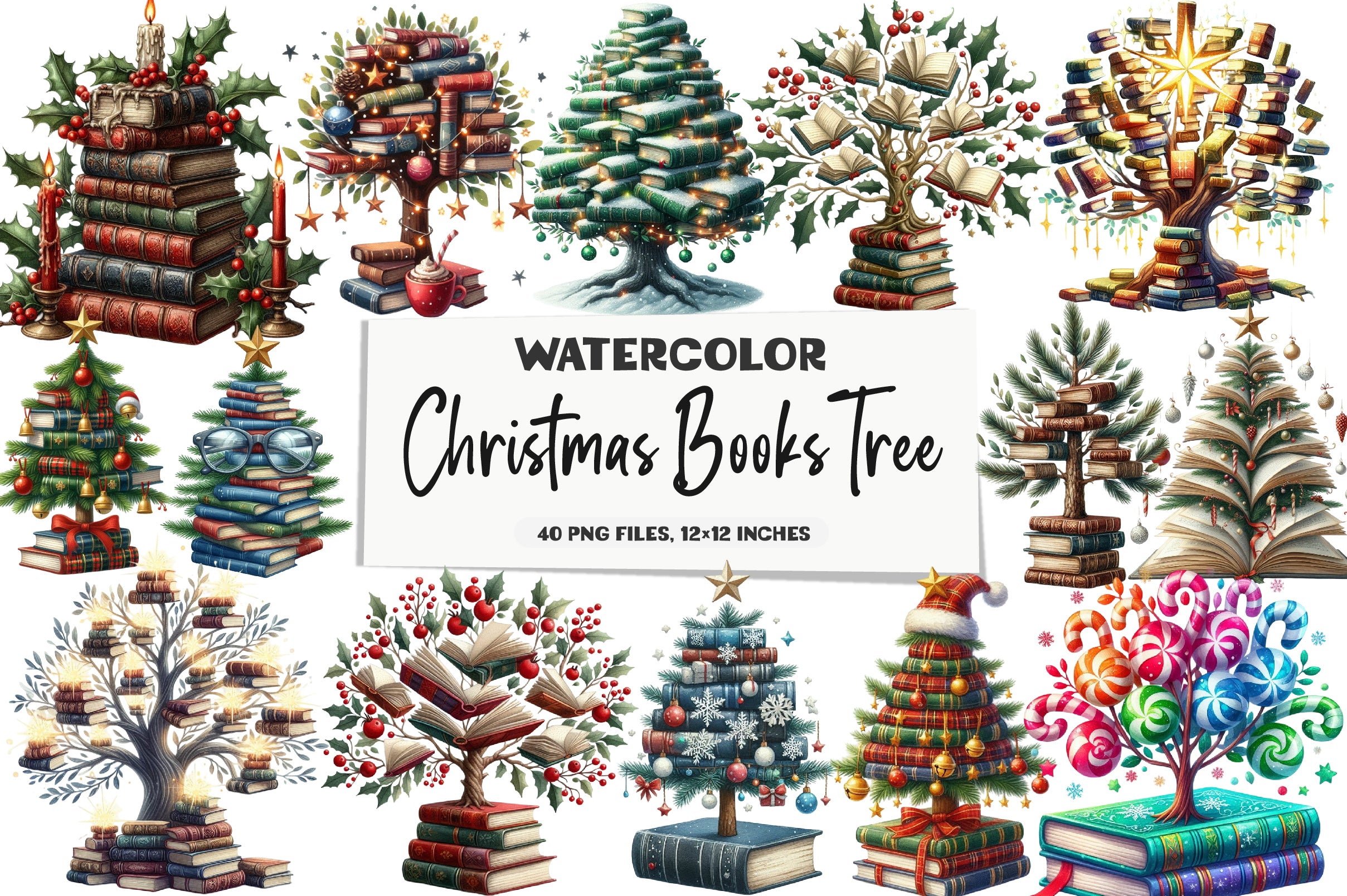 Christmas Books Tree Clipart Bundle