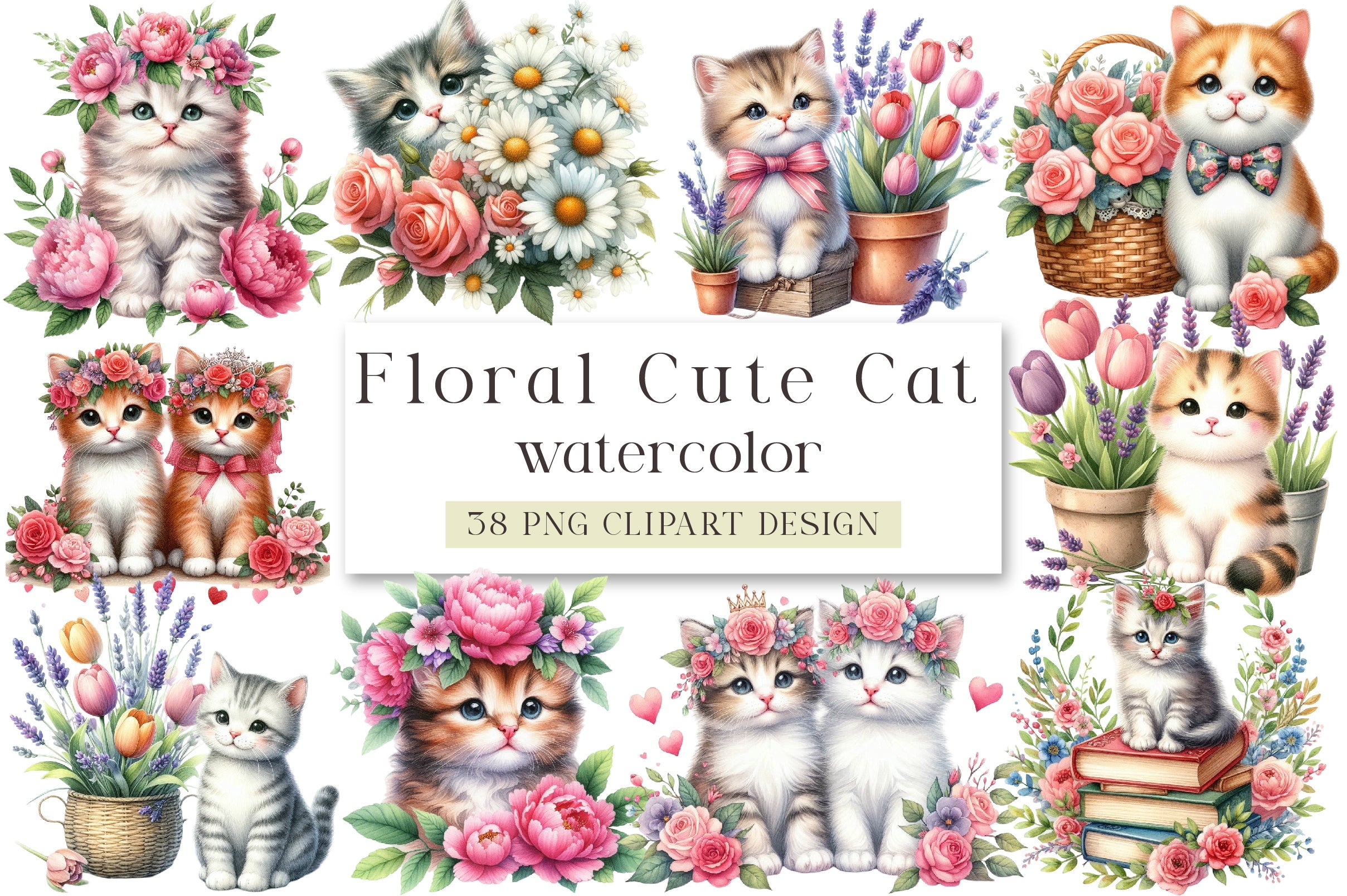 Floral Cute Cat Clipart Bundle