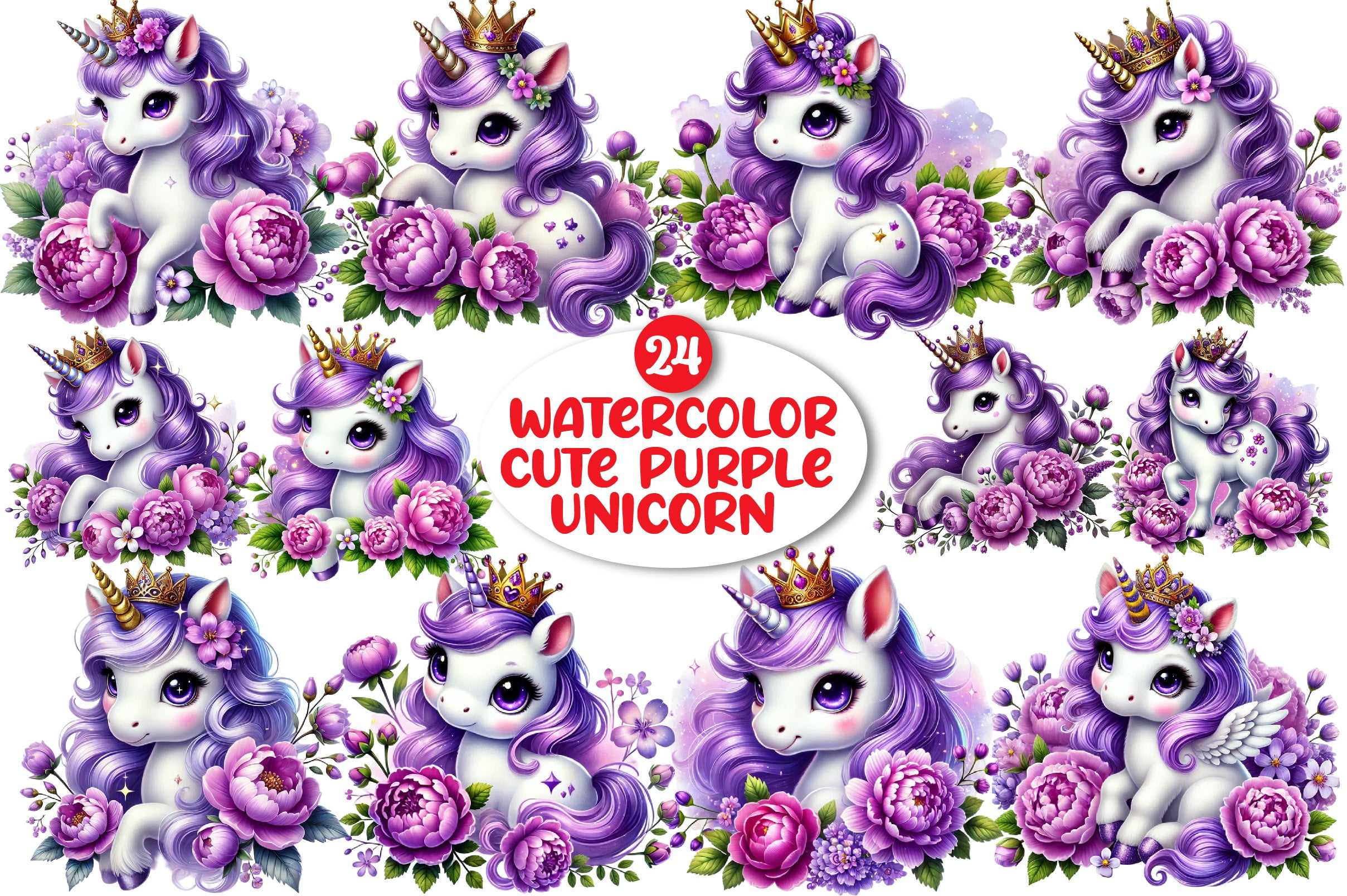 Cute Purple Unicorn Clipart Bundle