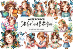 Cute Girl and Butterflies Clipart Bundle - CraftNest - Digital Crafting and Art