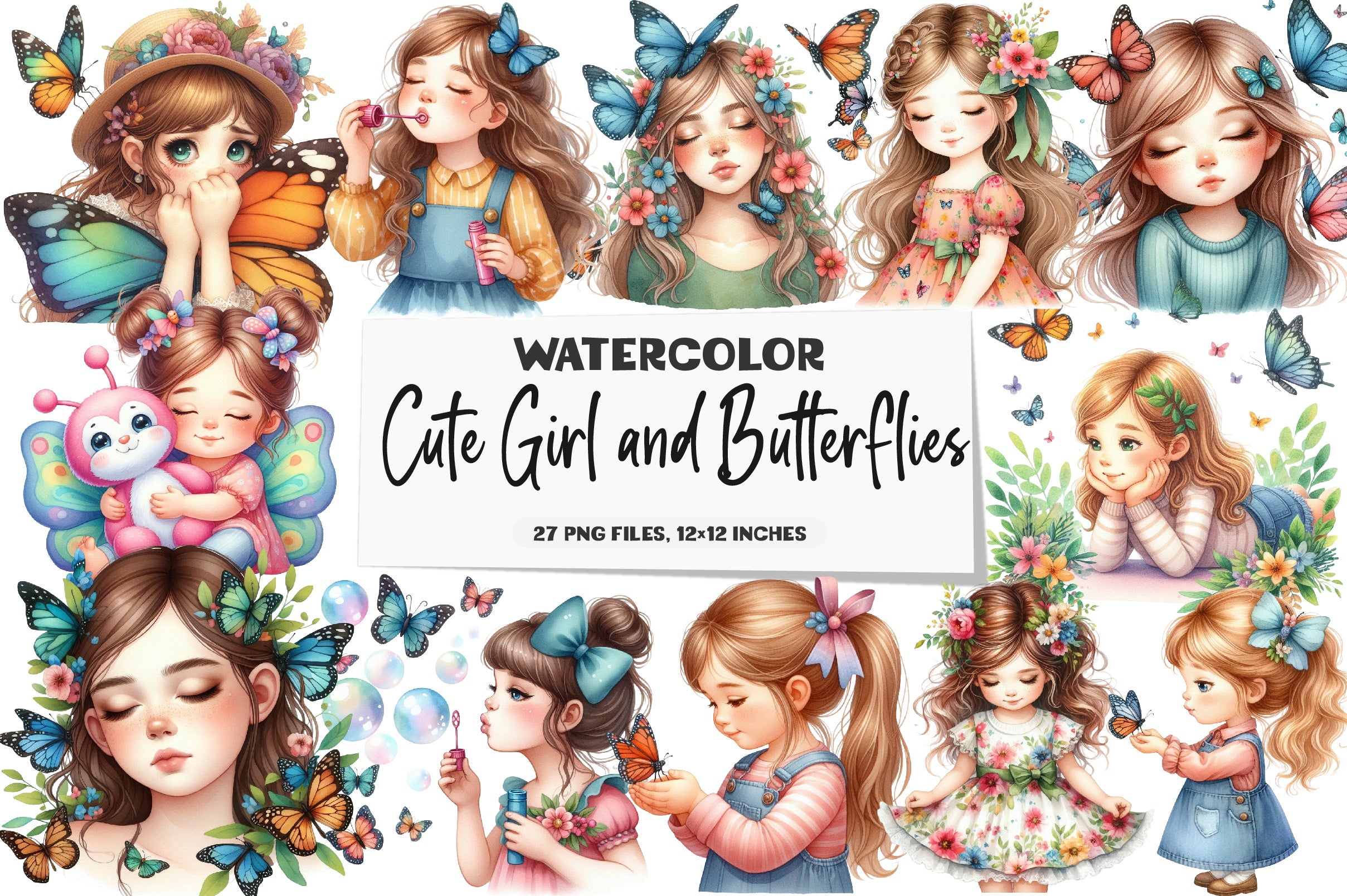 Cute Girl and Butterflies Clipart Bundle